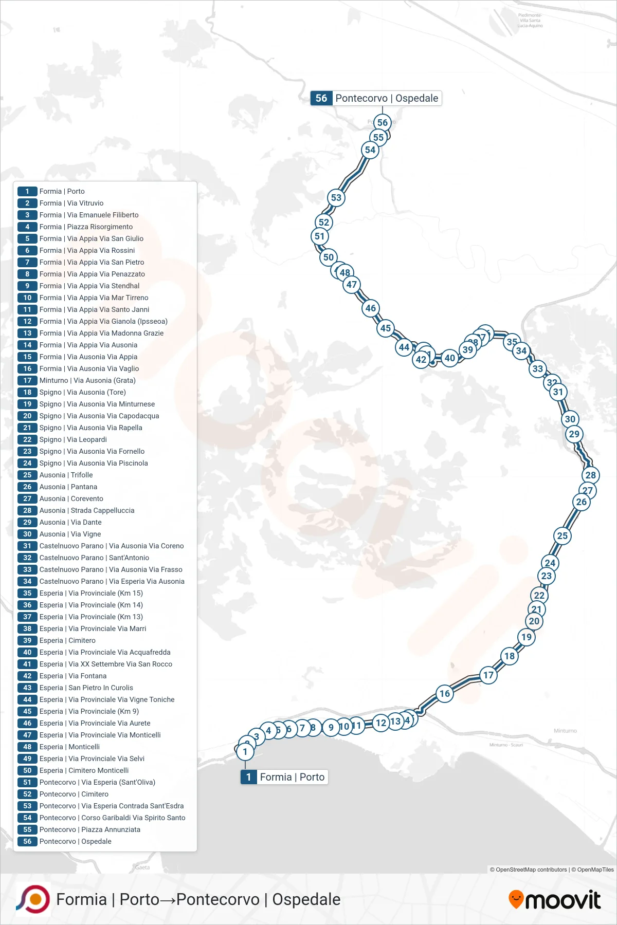 Linea COTRAL bus (Formia | Porto→Pontecorvo | Ospedale) - Percorsi e fermate sulla mappa