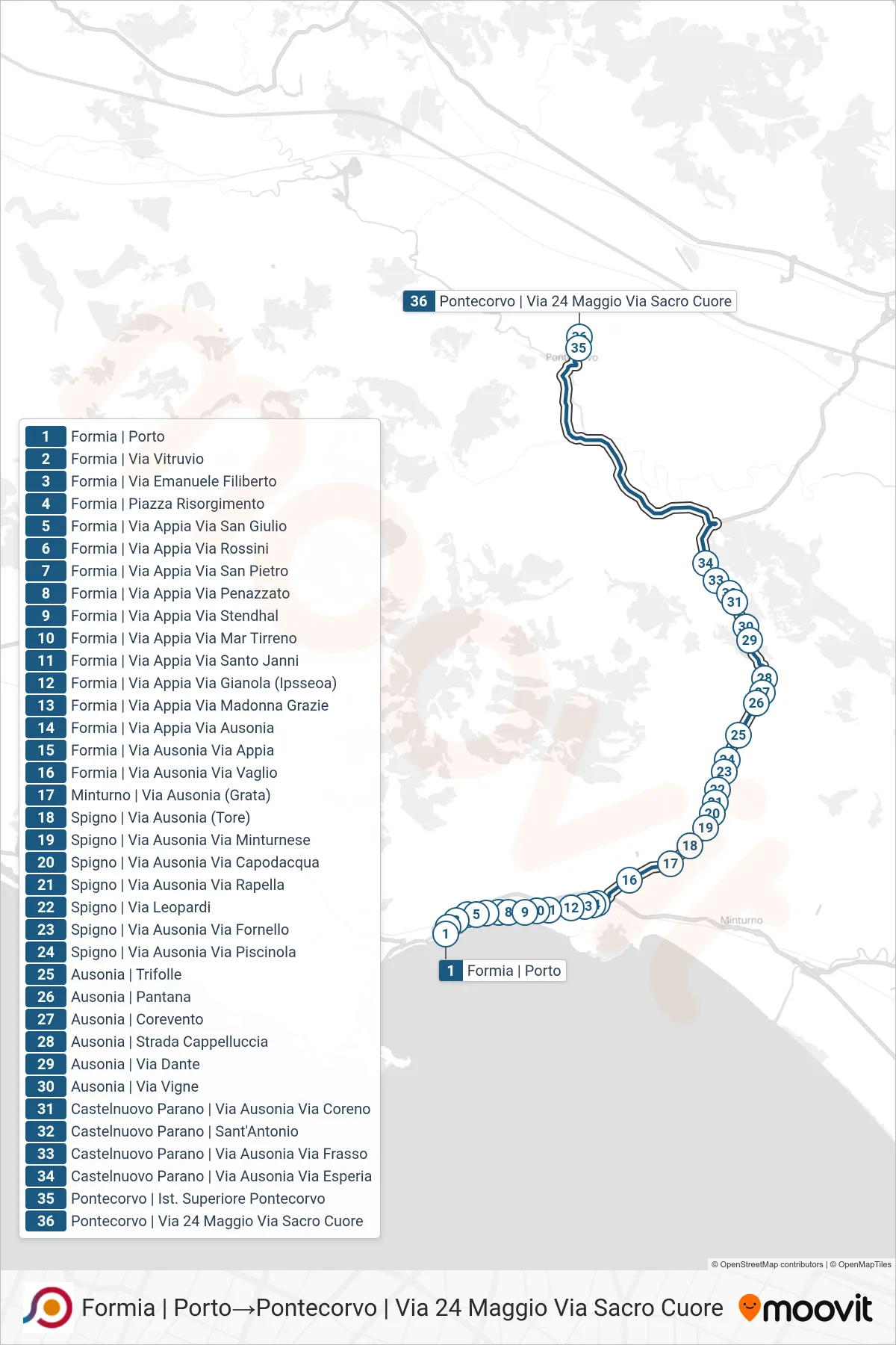 Linea COTRAL bus (Formia | Porto→Pontecorvo | Via 24 Maggio Via Sacro Cuore) - Percorsi e fermate sulla mappa