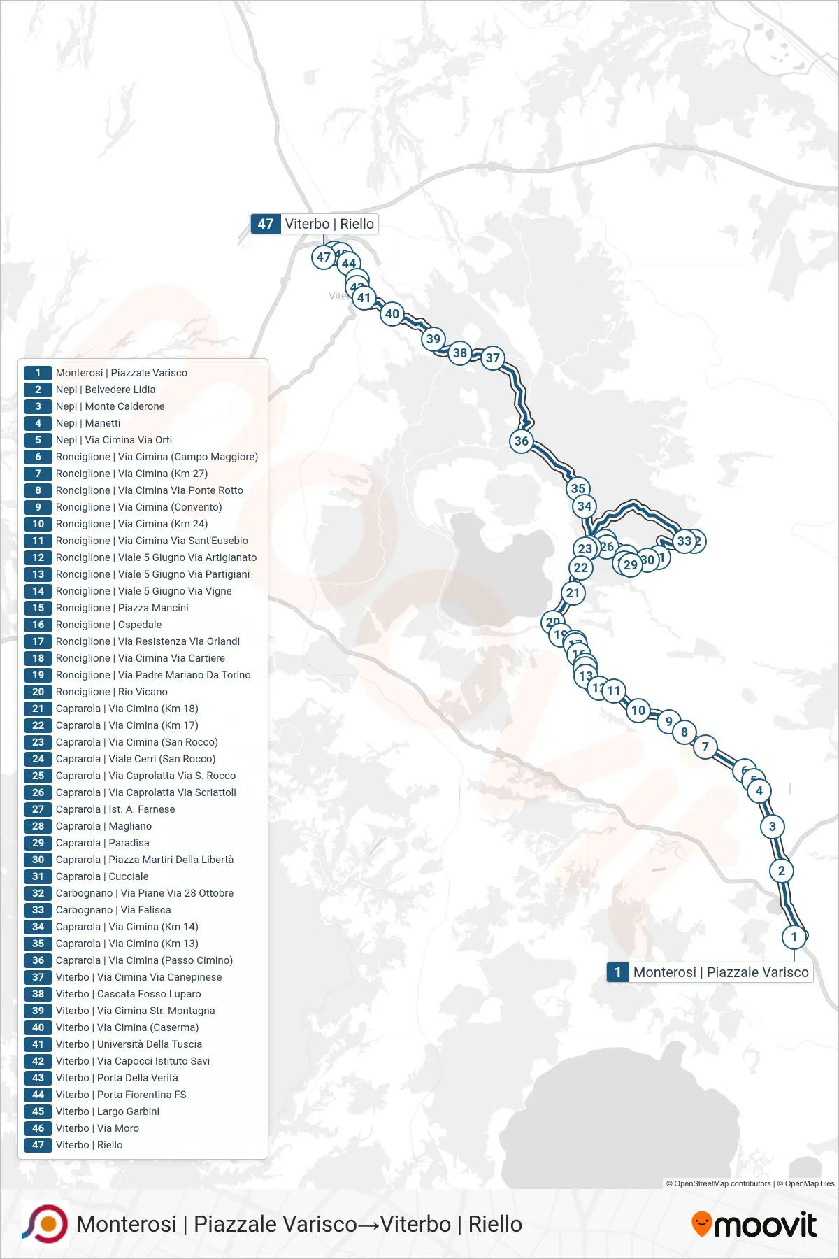 Linea COTRAL bus (Monterosi | Piazzale Varisco→Viterbo | Riello) - Percorsi e fermate sulla mappa
