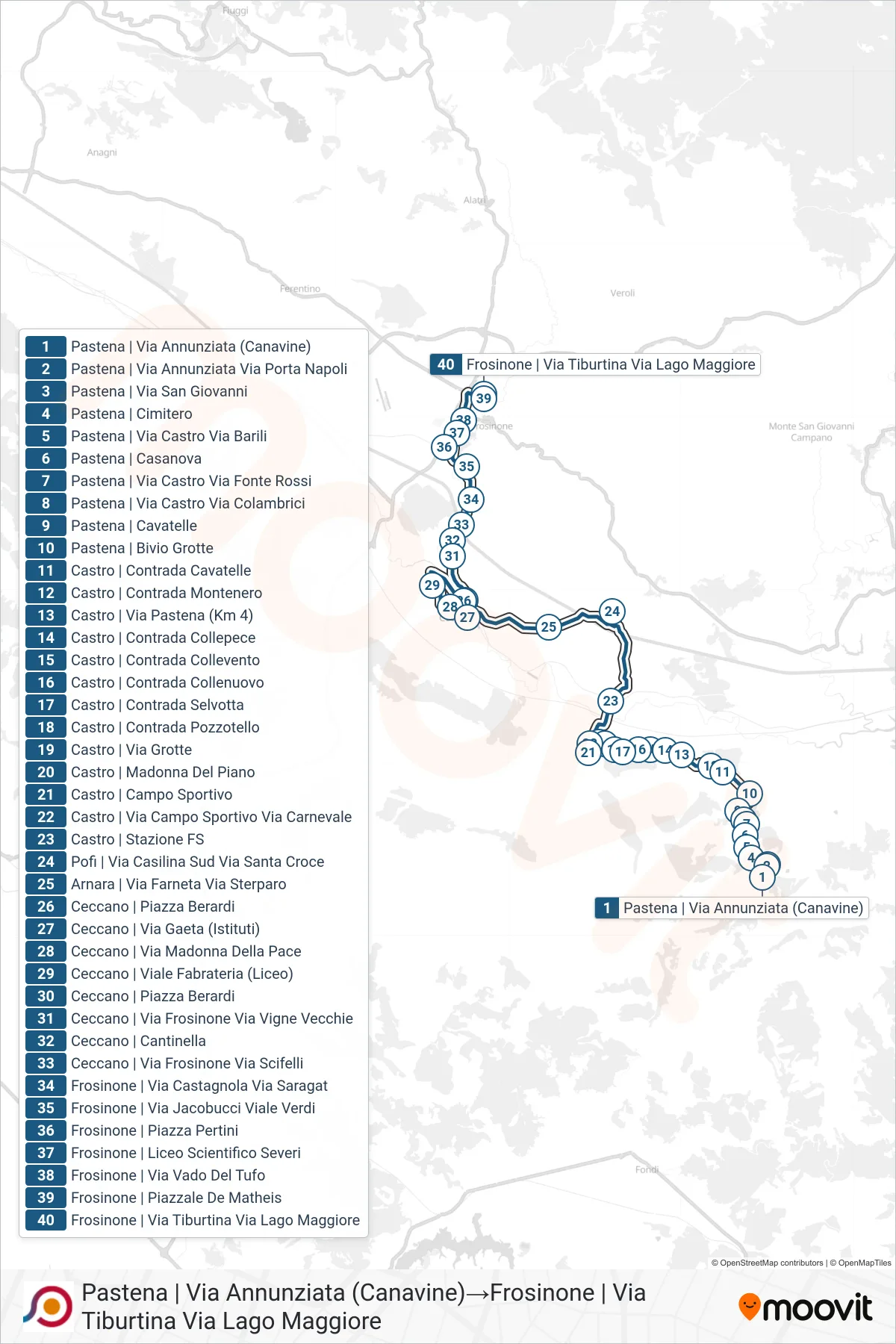 Linea COTRAL bus (Pastena | Via Annunziata (Canavine)→Frosinone | Via Tiburtina Via Lago Maggiore) - Percorsi e fermate sulla mappa