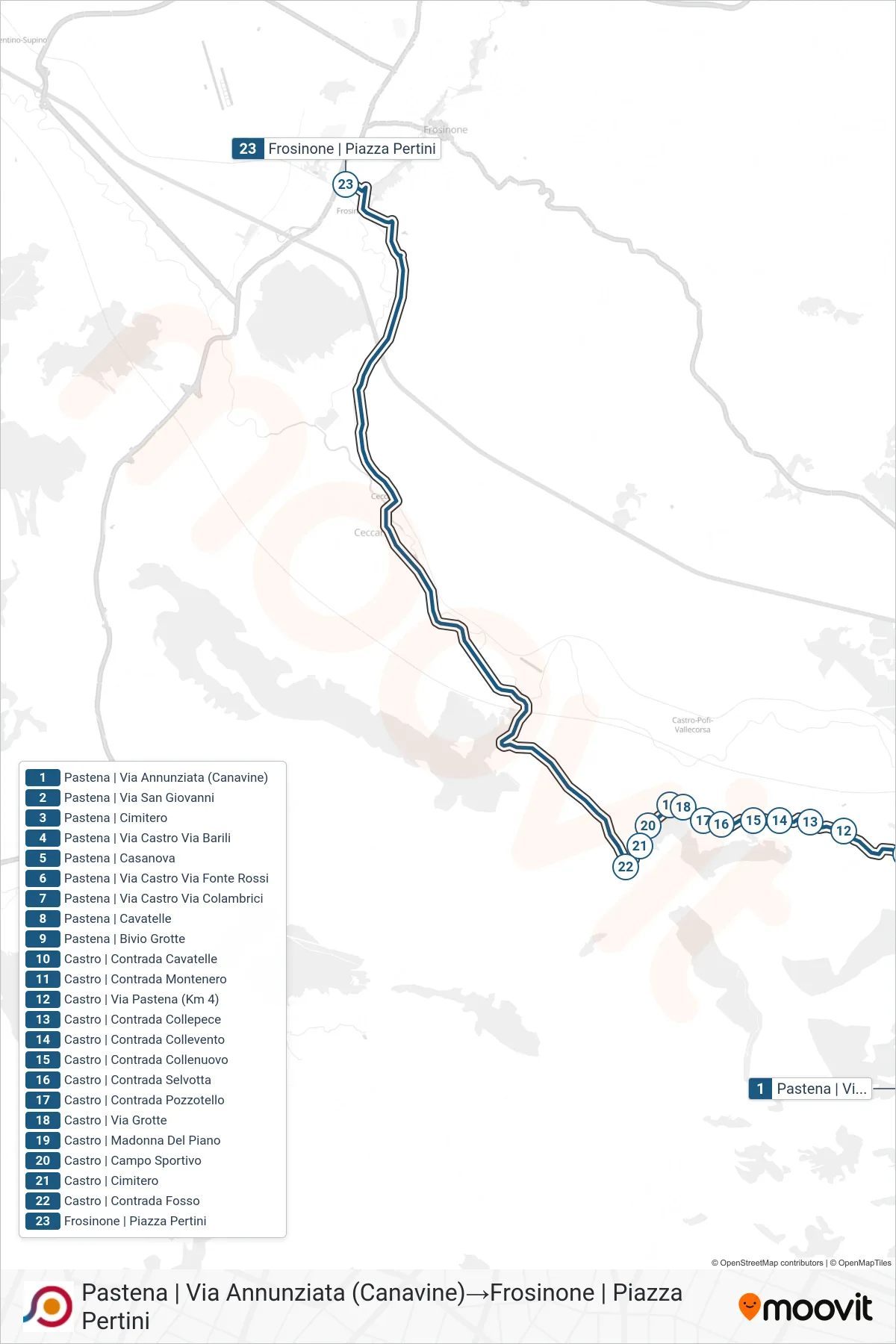 Linea COTRAL bus (Pastena | Via Annunziata (Canavine)→Frosinone | Piazza Pertini) - Percorsi e fermate sulla mappa