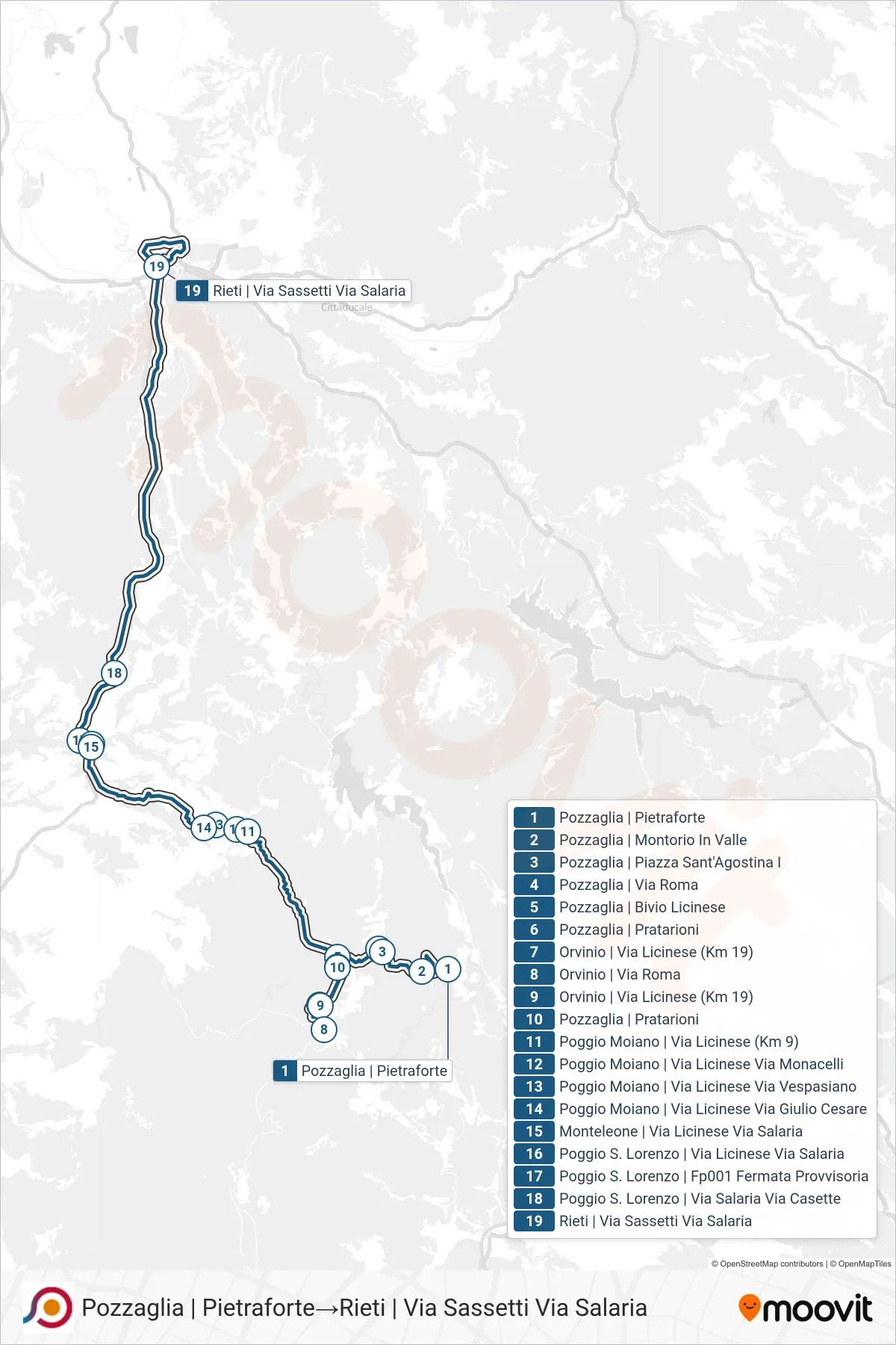 Linea COTRAL bus (Pozzaglia | Pietraforte→Rieti | Via Sassetti Via Salaria) - Percorsi e fermate sulla mappa