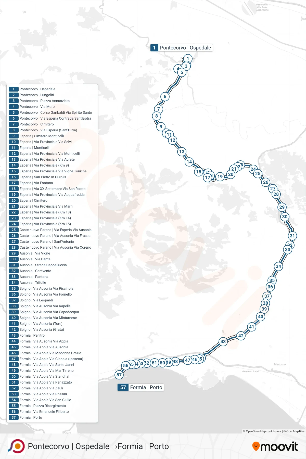 Linea COTRAL bus (Pontecorvo | Ospedale→Formia | Porto) - Percorsi e fermate sulla mappa