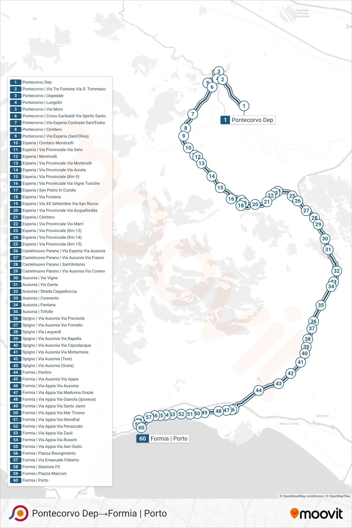 Linea COTRAL bus (Pontecorvo Dep→Formia | Porto) - Percorsi e fermate sulla mappa