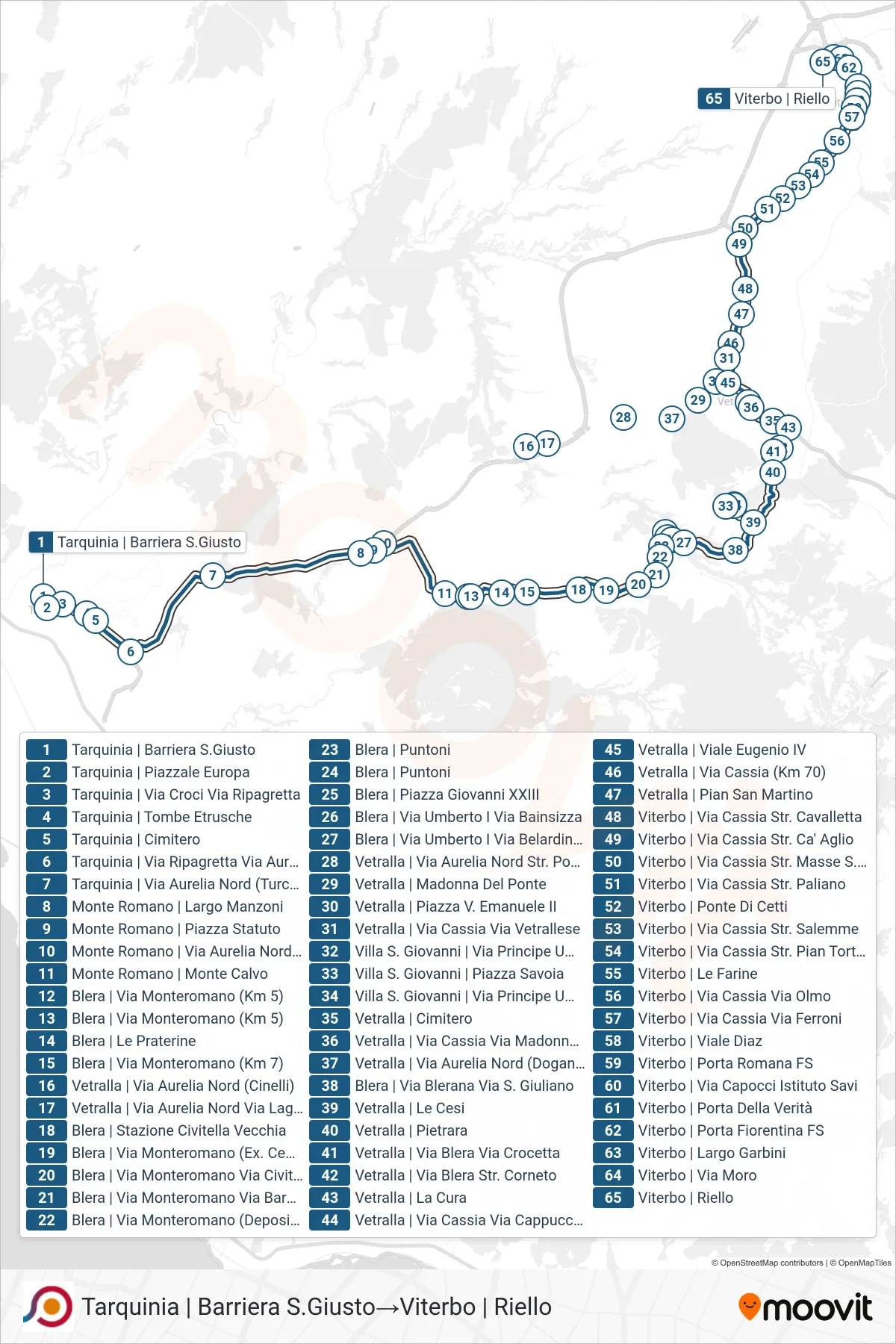 Linea COTRAL bus (Tarquinia | Barriera S.Giusto→Viterbo | Riello) - Percorsi e fermate sulla mappa