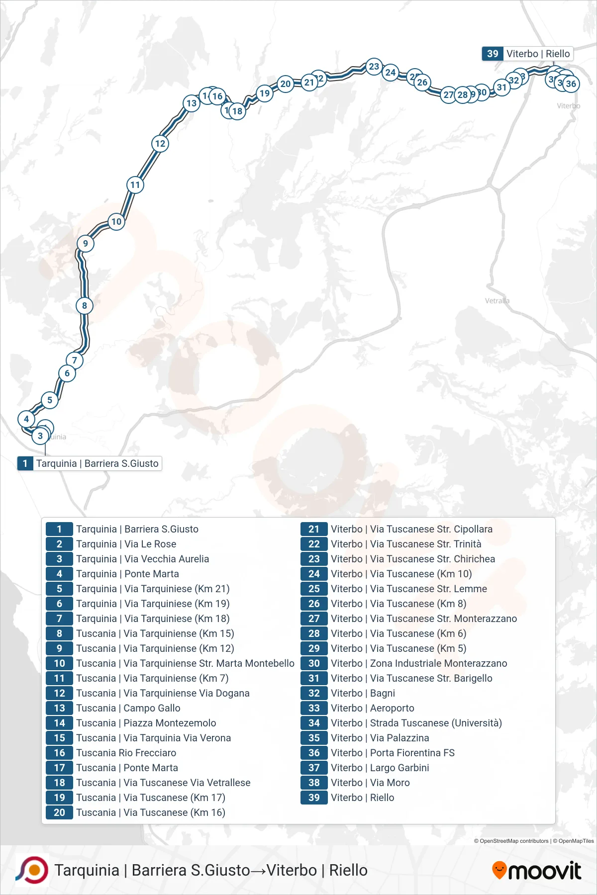Linea COTRAL bus (Tarquinia | Barriera S.Giusto→Viterbo | Riello) - Percorsi e fermate sulla mappa
