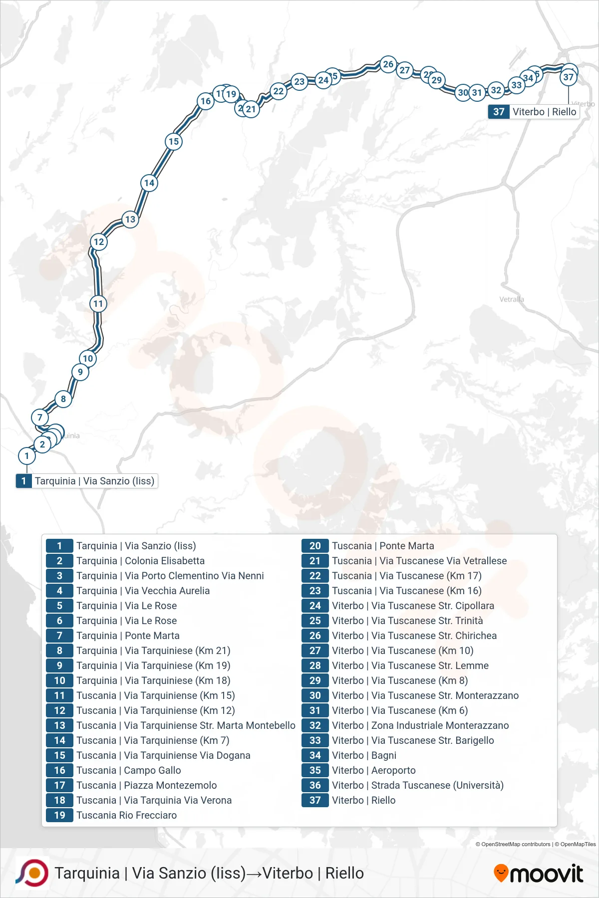 Linea COTRAL bus (Tarquinia | Via Sanzio (Iiss)→Viterbo | Riello) - Percorsi e fermate sulla mappa