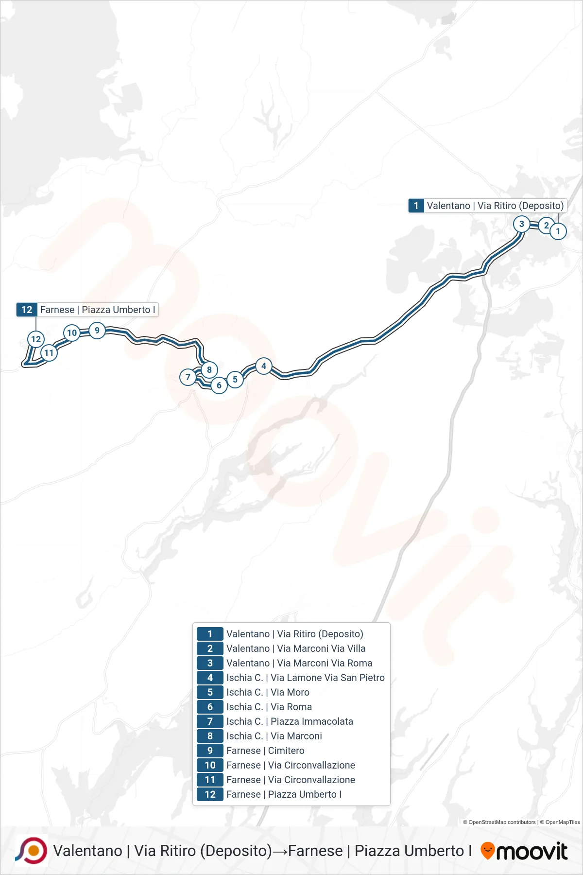 Linea COTRAL bus (Valentano | Via Ritiro (Deposito)→Farnese | Piazza Umberto I) - Percorsi e fermate sulla mappa