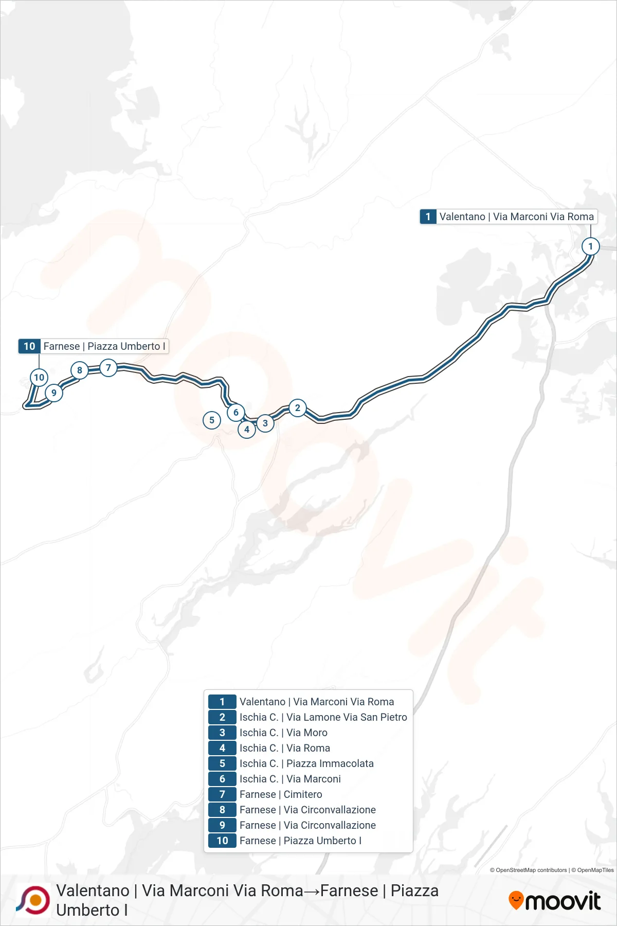 Linea COTRAL bus (Valentano | Via Marconi Via Roma→Farnese | Piazza Umberto I) - Percorsi e fermate sulla mappa