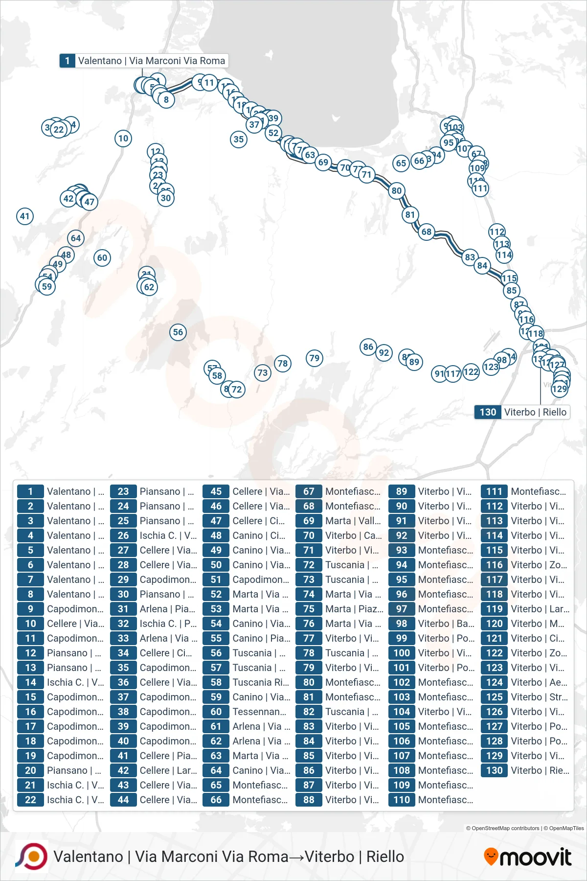 Linea COTRAL bus (Valentano | Via Marconi Via Roma→Viterbo | Riello) - Percorsi e fermate sulla mappa
