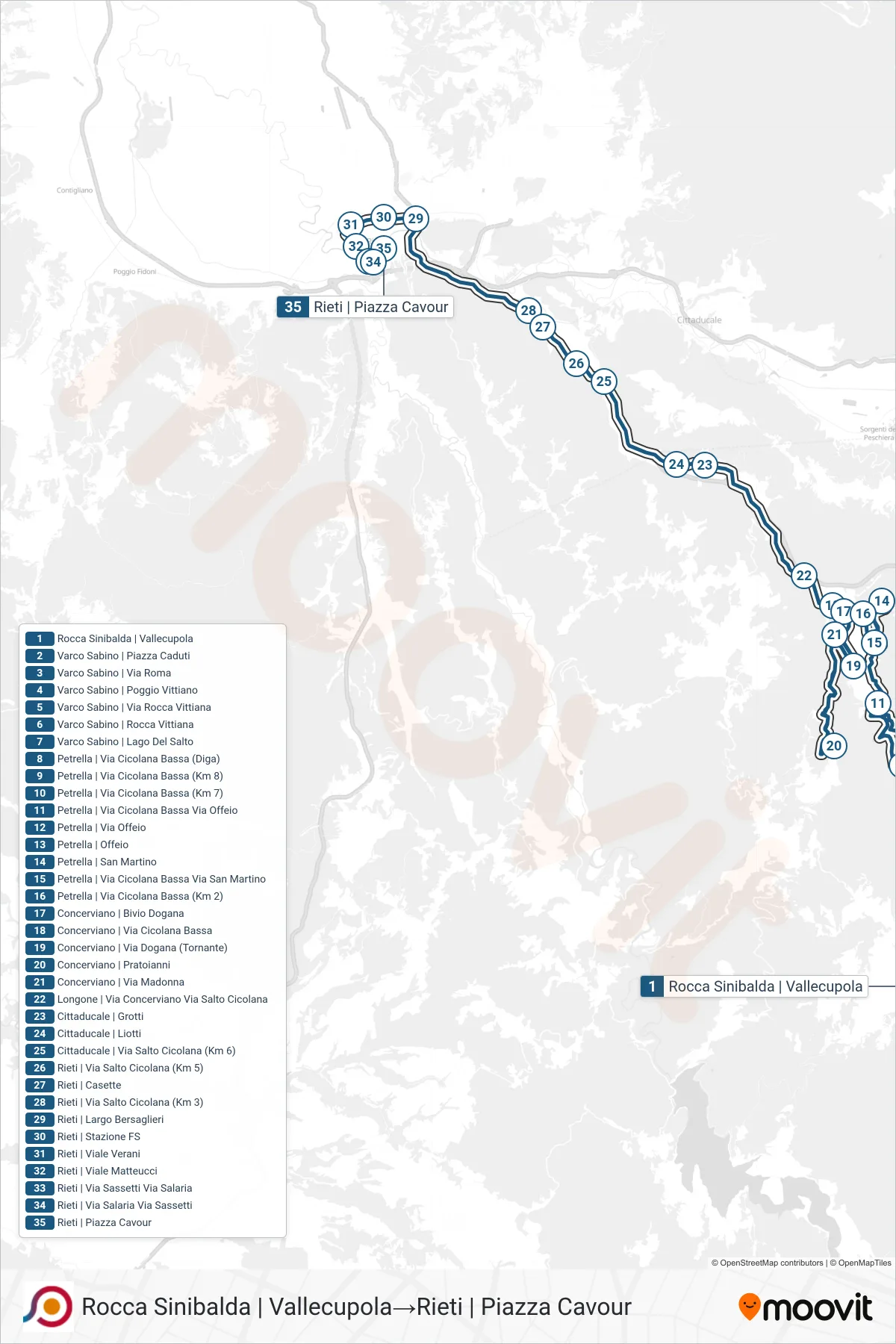 Linea COTRAL bus (Rocca Sinibalda | Vallecupola→Rieti | Piazza Cavour) - Percorsi e fermate sulla mappa