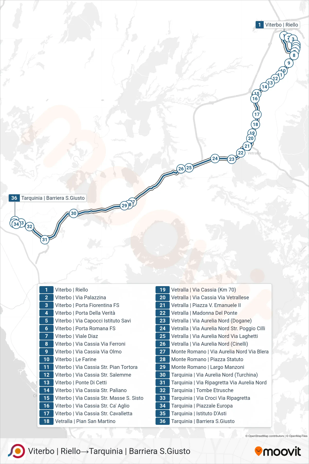 Linea COTRAL bus (Viterbo | Riello→Tarquinia | Barriera S.Giusto) - Percorsi e fermate sulla mappa