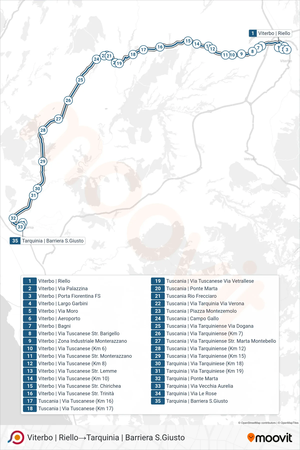 Linea COTRAL bus (Viterbo | Riello→Tarquinia | Barriera S.Giusto) - Percorsi e fermate sulla mappa