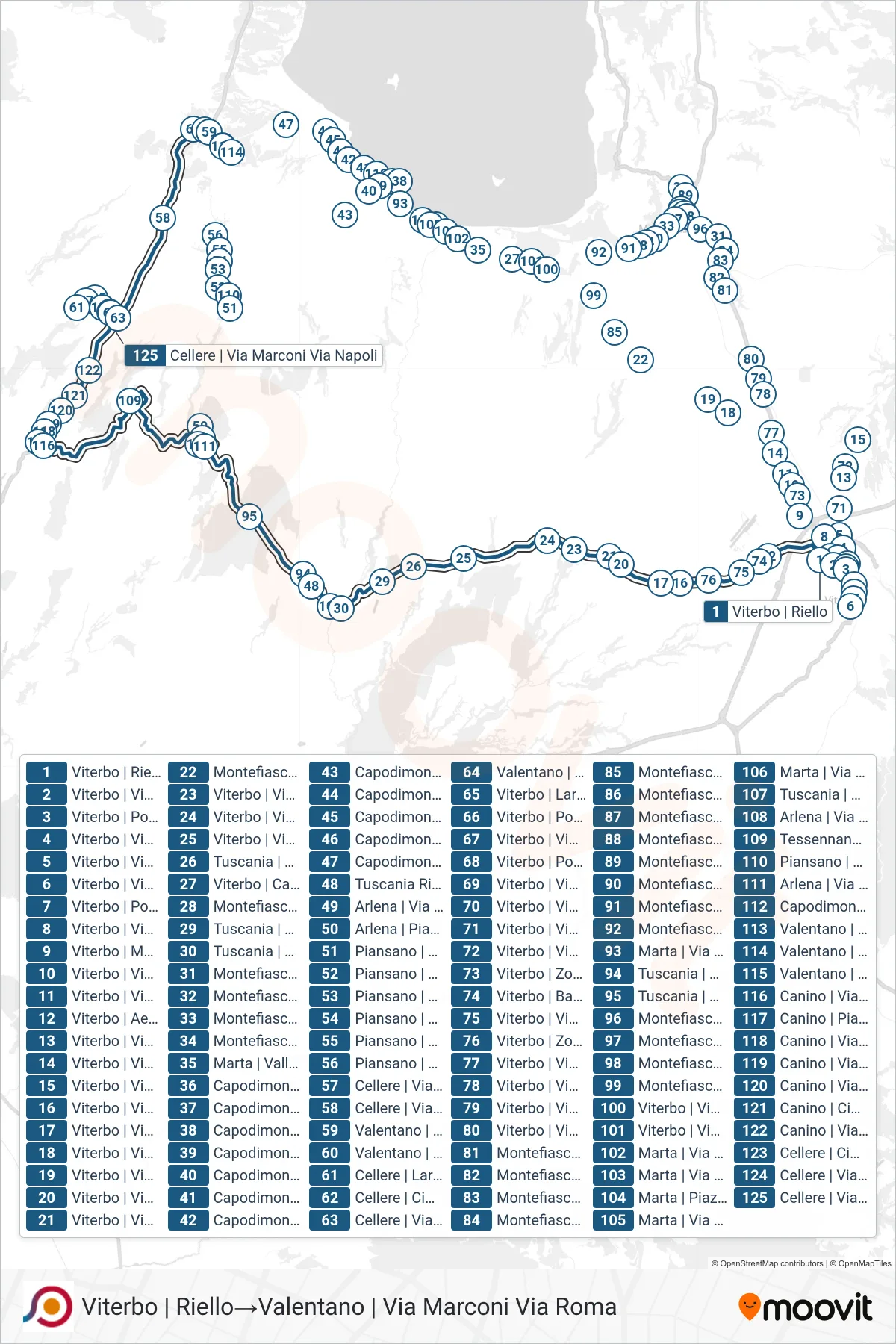 Linea COTRAL bus (Viterbo | Riello→Valentano | Via Marconi Via Roma) - Percorsi e fermate sulla mappa