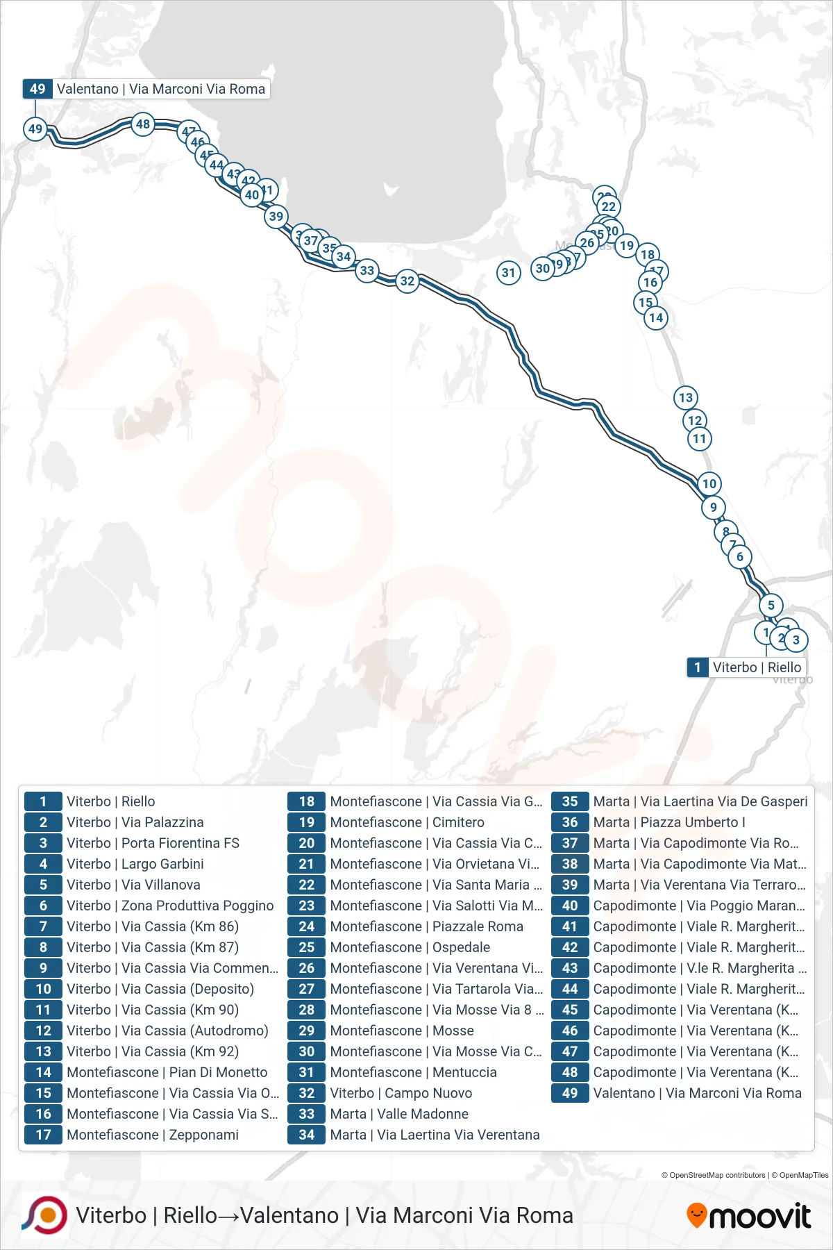 Linea COTRAL bus (Viterbo | Riello→Valentano | Via Marconi Via Roma) - Percorsi e fermate sulla mappa