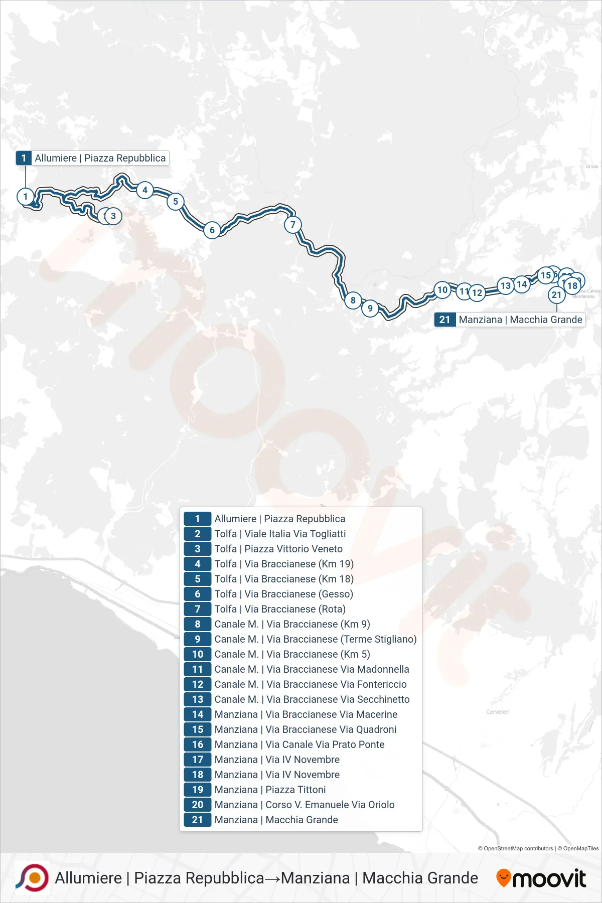 Linea COTRAL bus (Allumiere | Piazza Repubblica→Manziana | Macchia Grande) - Percorsi e fermate sulla mappa