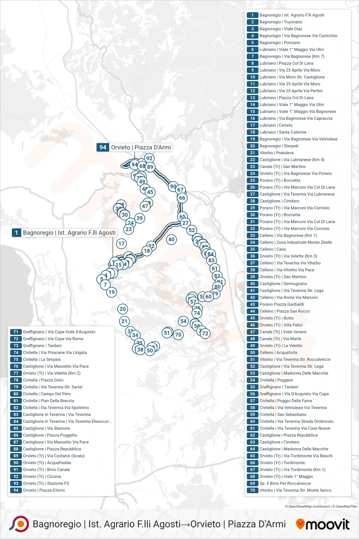 Linea COTRAL bus (Bagnoregio | Ist. Agrario F.lli Agosti→Orvieto | Piazza D'Armi) - Percorsi e fermate sulla mappa