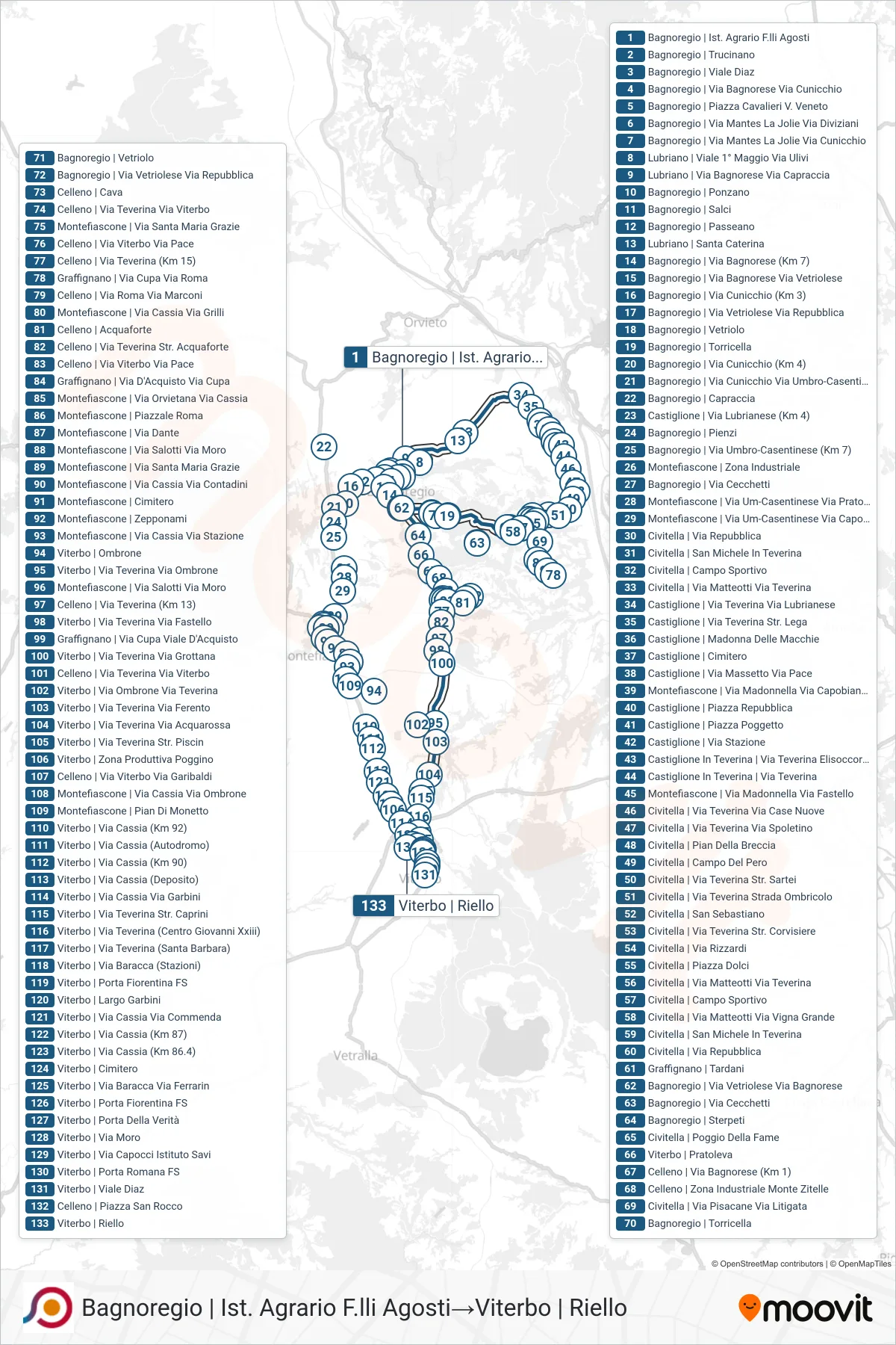 Linea COTRAL bus (Bagnoregio | Ist. Agrario F.lli Agosti→Viterbo | Riello) - Percorsi e fermate sulla mappa