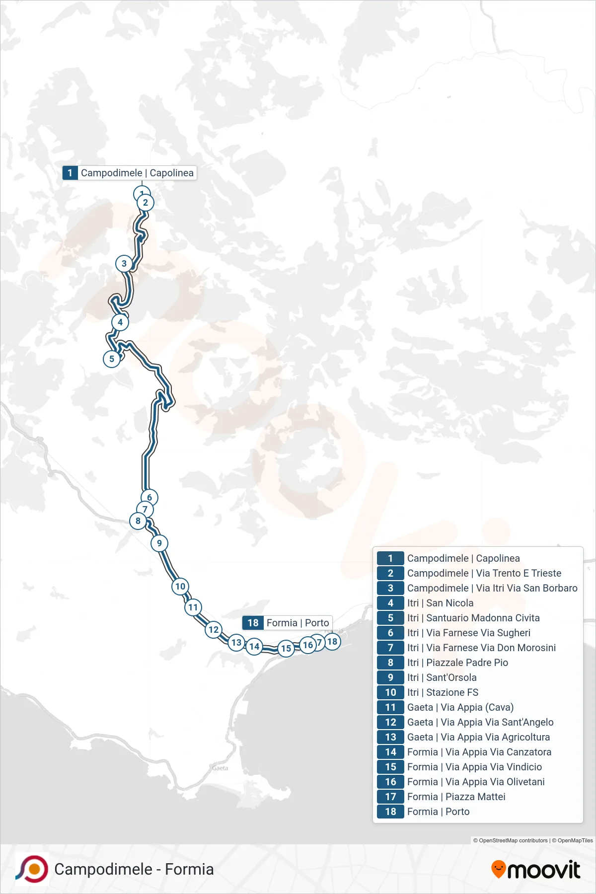 Linea COTRAL bus (Campodimele | Capolinea→Formia | Porto) - Percorsi e fermate sulla mappa