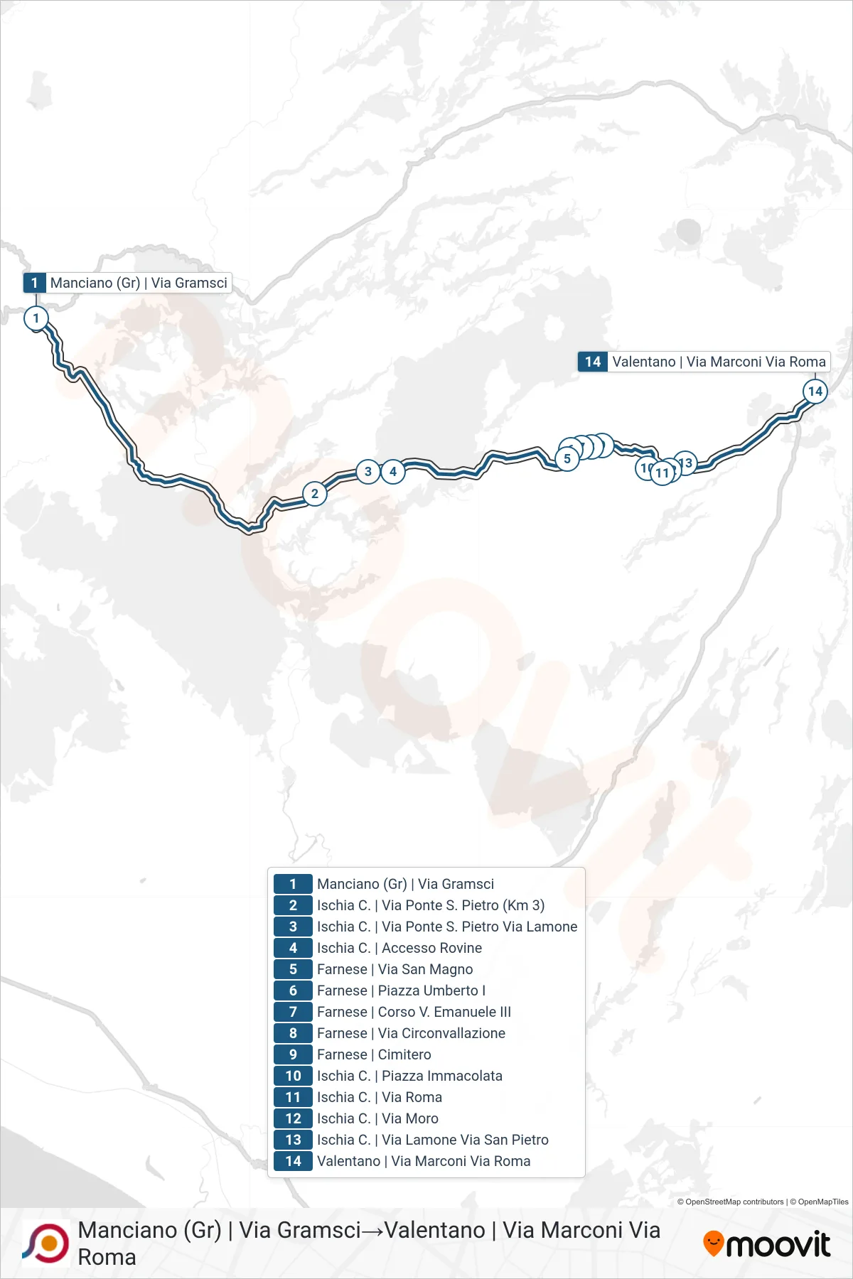 Linea COTRAL bus (Manciano (Gr) | Via Gramsci→Valentano | Via Marconi Via Roma) - Percorsi e fermate sulla mappa