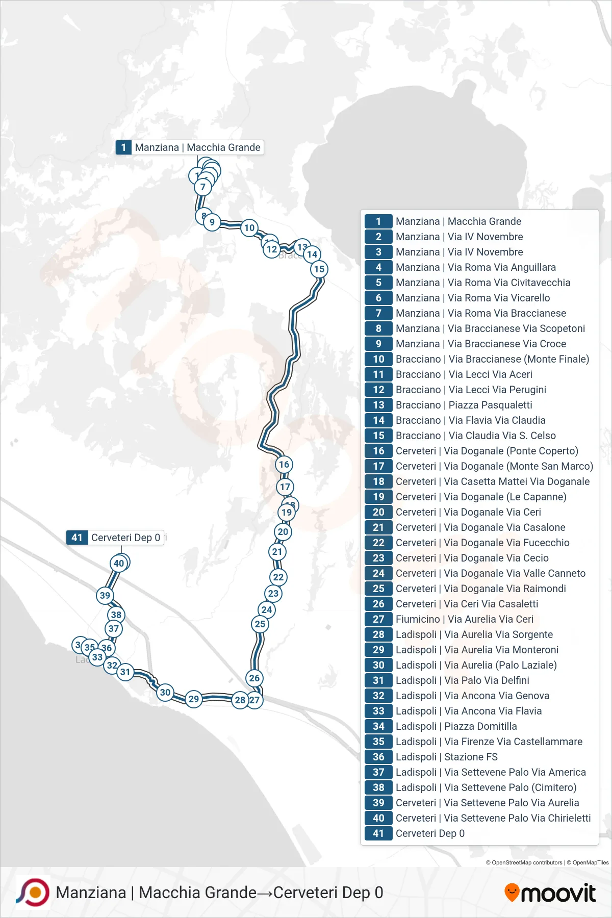 Linea COTRAL bus (Manziana | Macchia Grande→Cerveteri Dep 0) - Percorsi e fermate sulla mappa