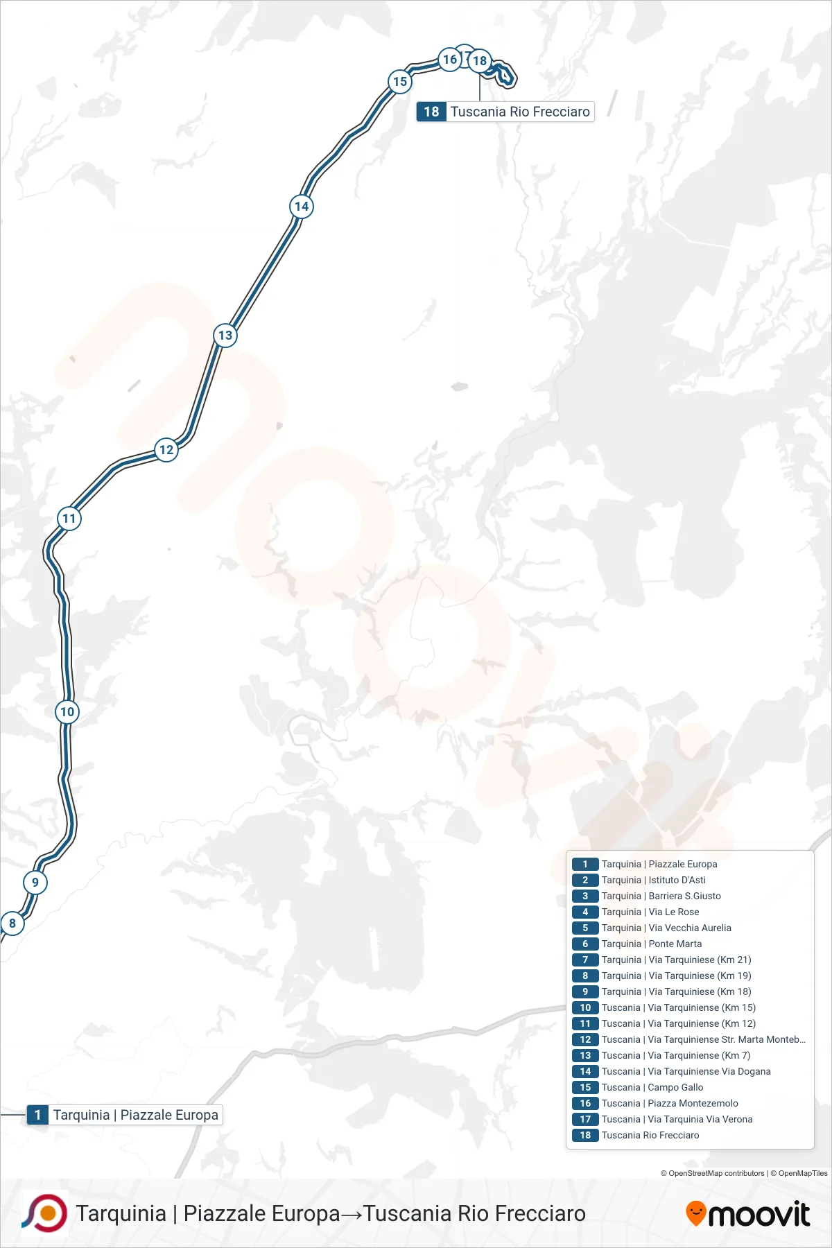 Linea COTRAL bus (Tarquinia | Piazzale Europa→Tuscania Rio Frecciaro) - Percorsi e fermate sulla mappa