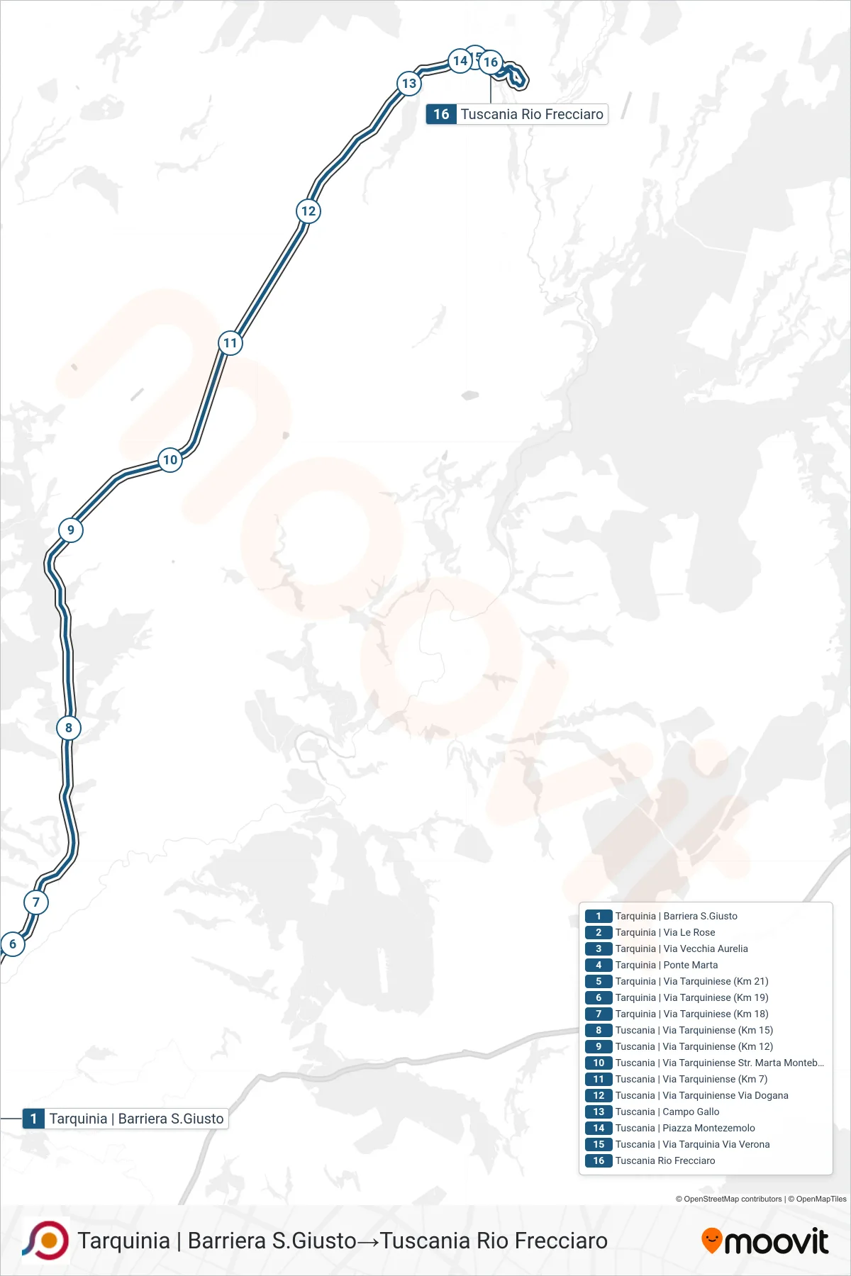 Linea COTRAL bus (Tarquinia | Barriera S.Giusto→Tuscania Rio Frecciaro) - Percorsi e fermate sulla mappa