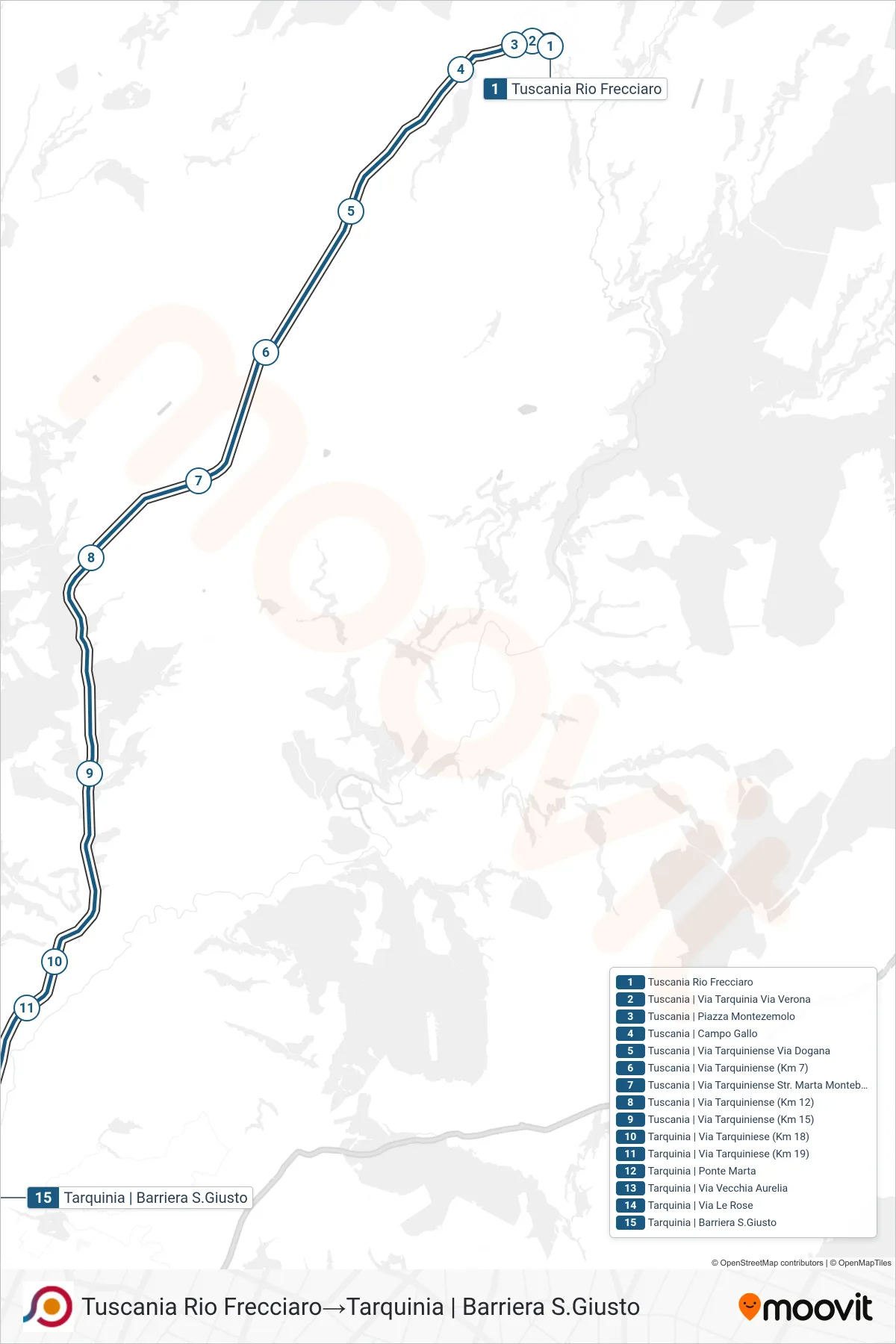 Linea COTRAL bus (Tuscania Rio Frecciaro→Tarquinia | Barriera S.Giusto) - Percorsi e fermate sulla mappa