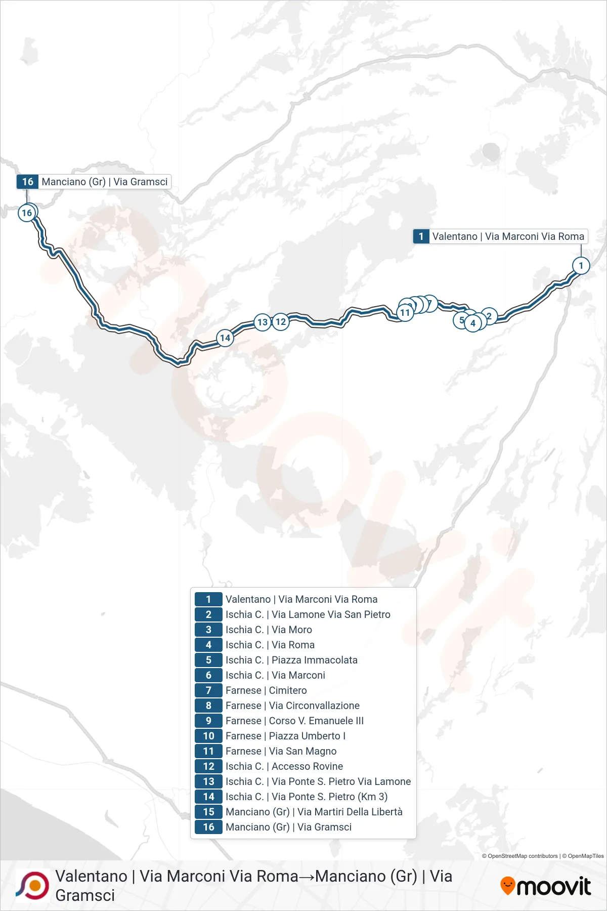 Linea COTRAL bus (Valentano | Via Marconi Via Roma→Manciano (Gr) | Via Gramsci) - Percorsi e fermate sulla mappa