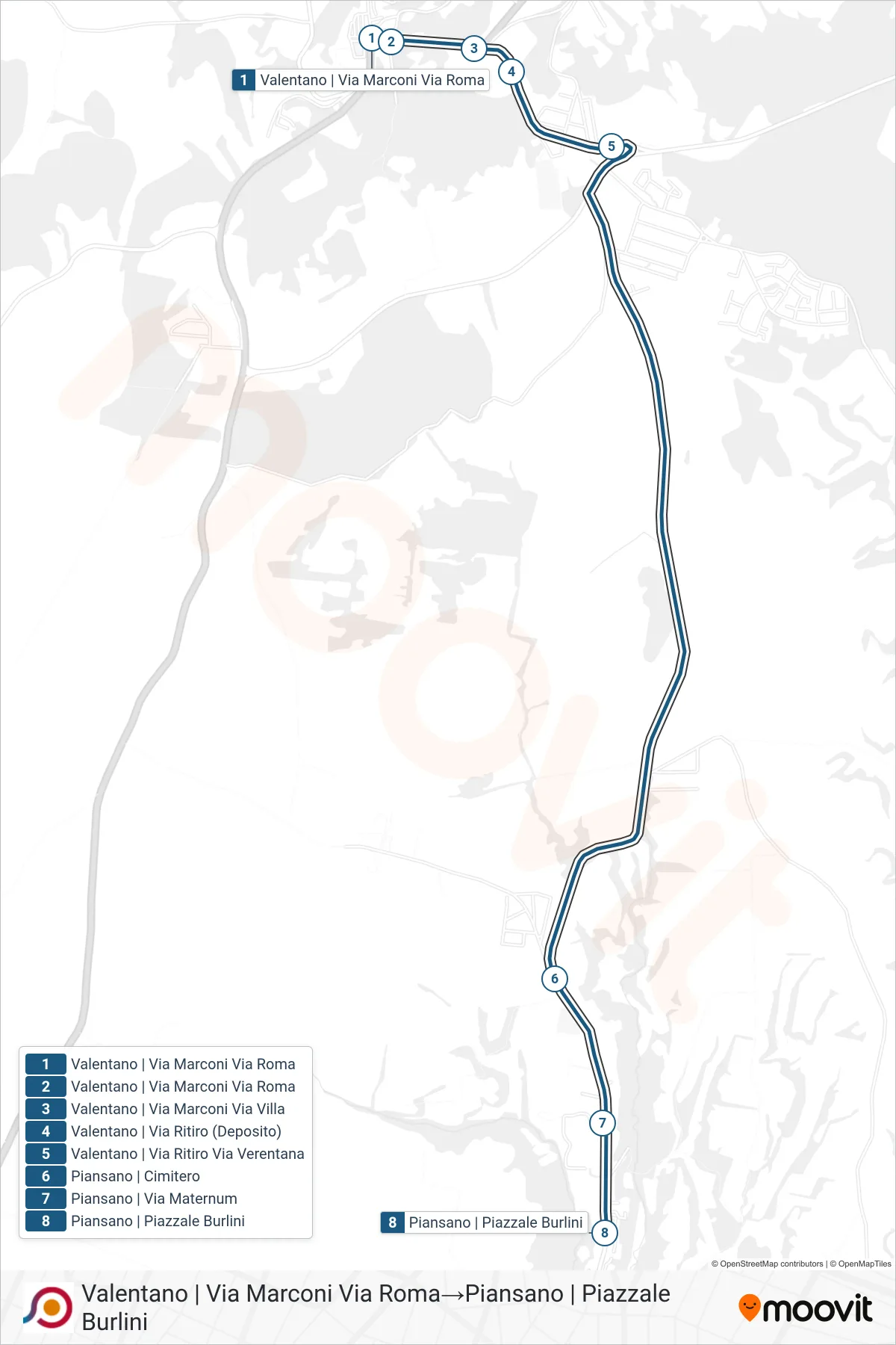 Linea COTRAL bus (Valentano | Via Marconi Via Roma→Piansano | Piazzale Burlini) - Percorsi e fermate sulla mappa