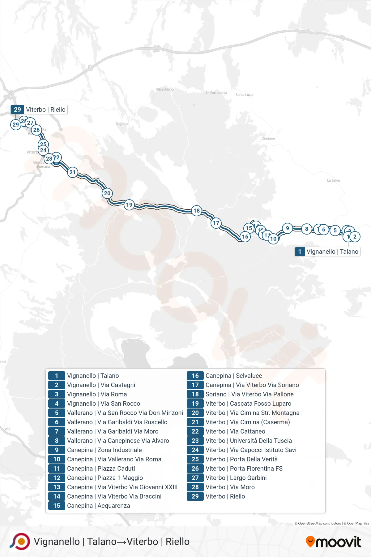 Linea COTRAL bus (Vignanello | Talano→Viterbo | Riello) - Percorsi e fermate sulla mappa