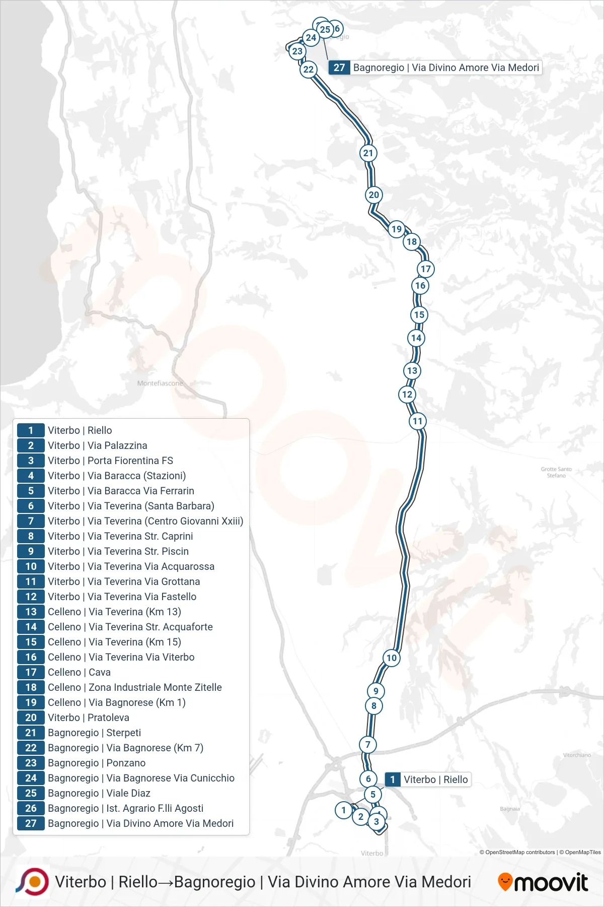 Linea COTRAL bus (Viterbo | Riello→Bagnoregio | Via Divino Amore Via Medori) - Percorsi e fermate sulla mappa