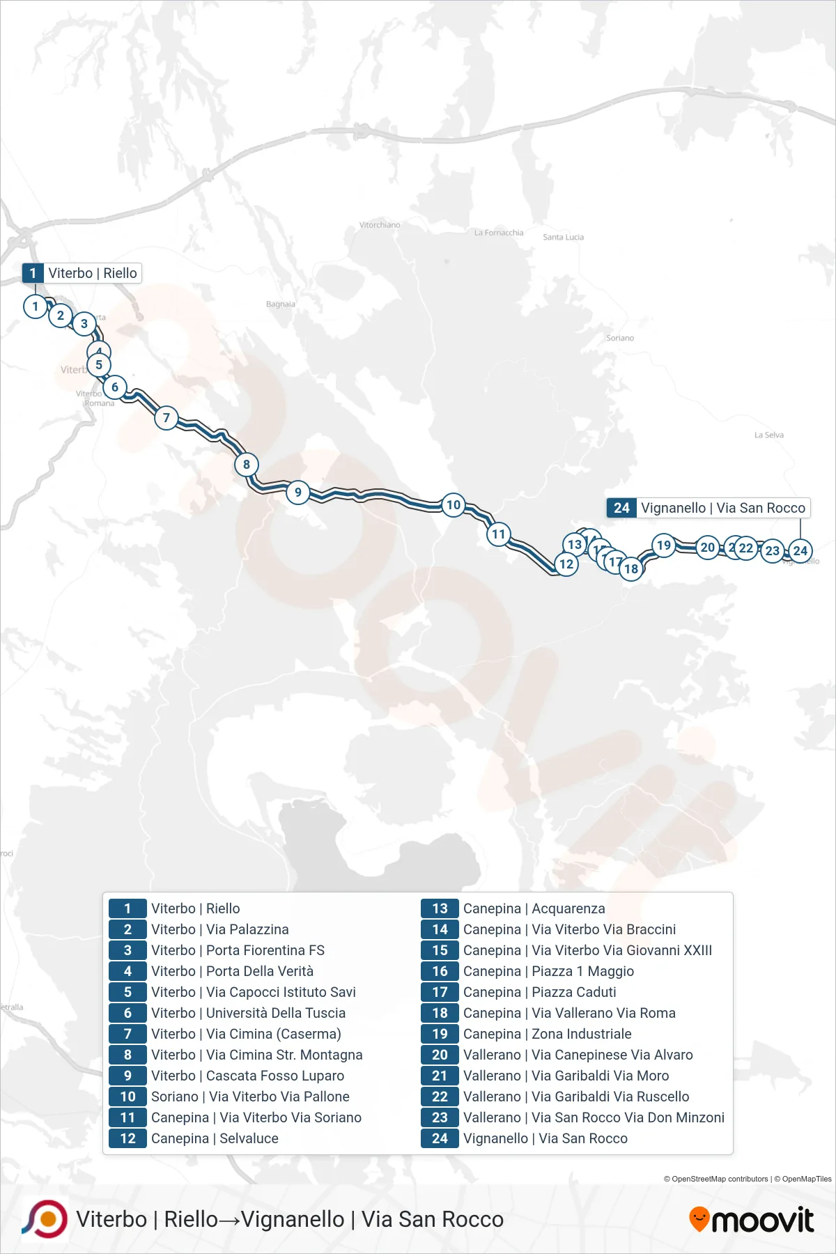 Linea COTRAL bus (Viterbo | Riello→Vignanello | Via San Rocco) - Percorsi e fermate sulla mappa