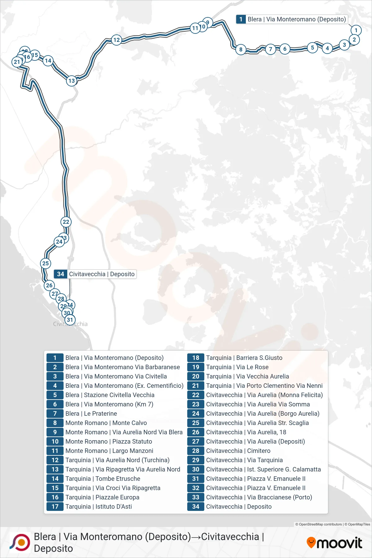 Linea COTRAL bus (Blera | Via Monteromano (Deposito)→Civitavecchia | Deposito) - Percorsi e fermate sulla mappa