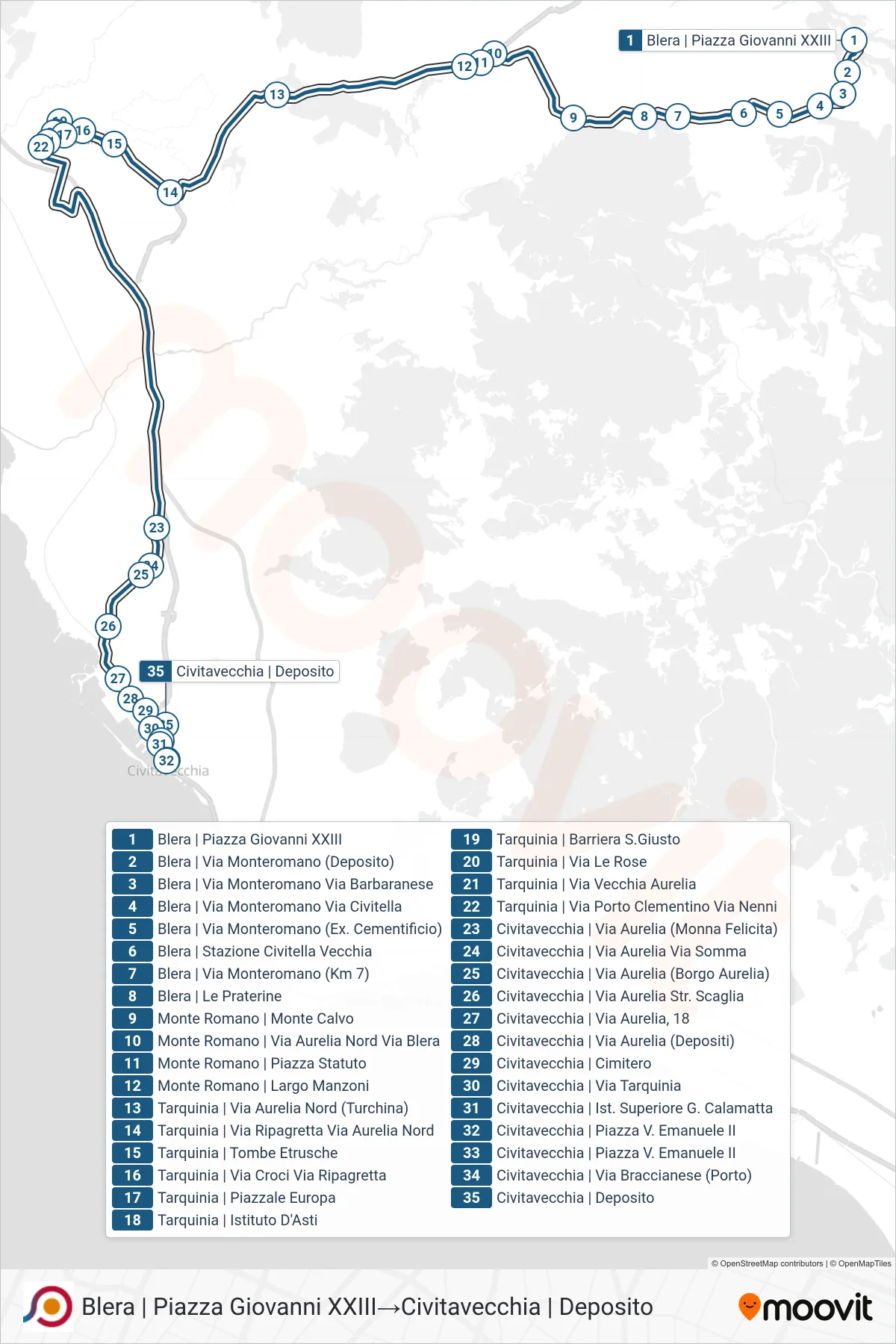 Linea COTRAL bus (Blera | Piazza Giovanni XXIII→Civitavecchia | Deposito) - Percorsi e fermate sulla mappa