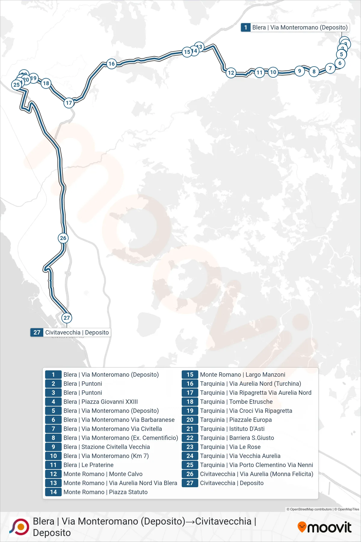 Linea COTRAL bus (Blera | Via Monteromano (Deposito)→Civitavecchia | Deposito) - Percorsi e fermate sulla mappa