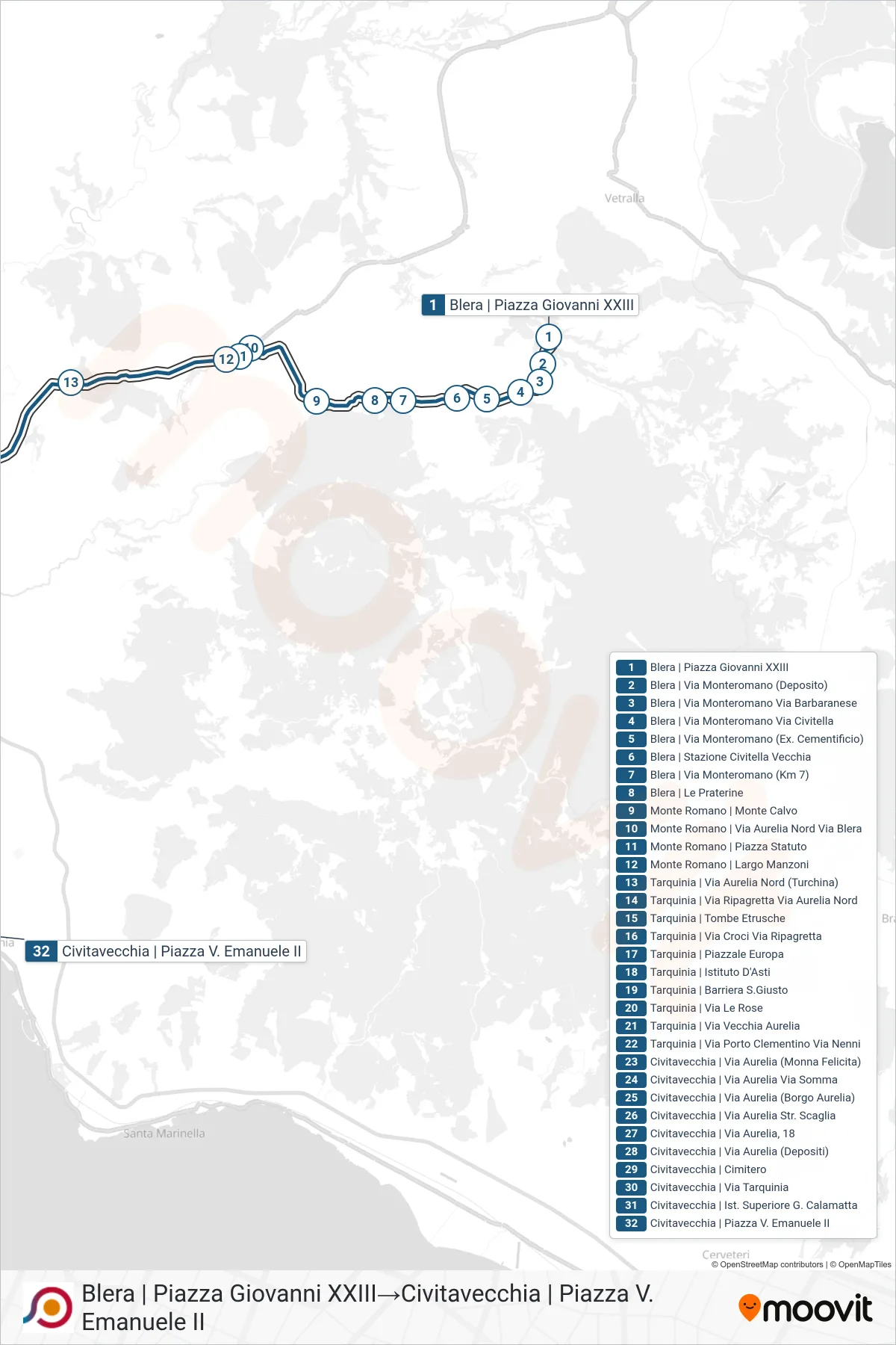 Linea COTRAL bus (Blera | Piazza Giovanni XXIII→Civitavecchia | Piazza V. Emanuele II) - Percorsi e fermate sulla mappa