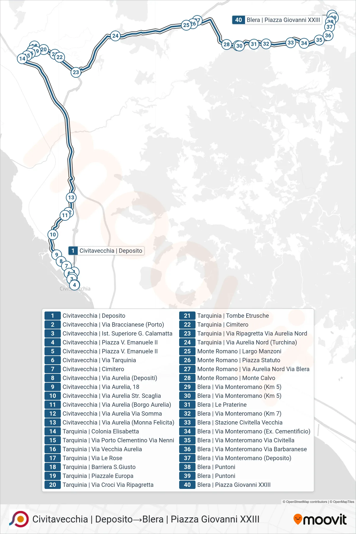 Linea COTRAL bus (Civitavecchia | Deposito→Blera | Piazza Giovanni XXIII) - Percorsi e fermate sulla mappa