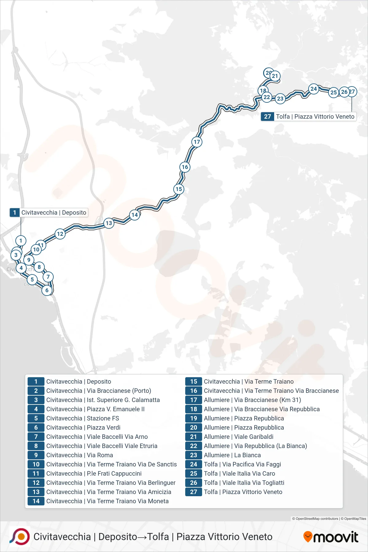 Linea COTRAL bus (Civitavecchia | Deposito→Tolfa | Piazza Vittorio Veneto) - Percorsi e fermate sulla mappa