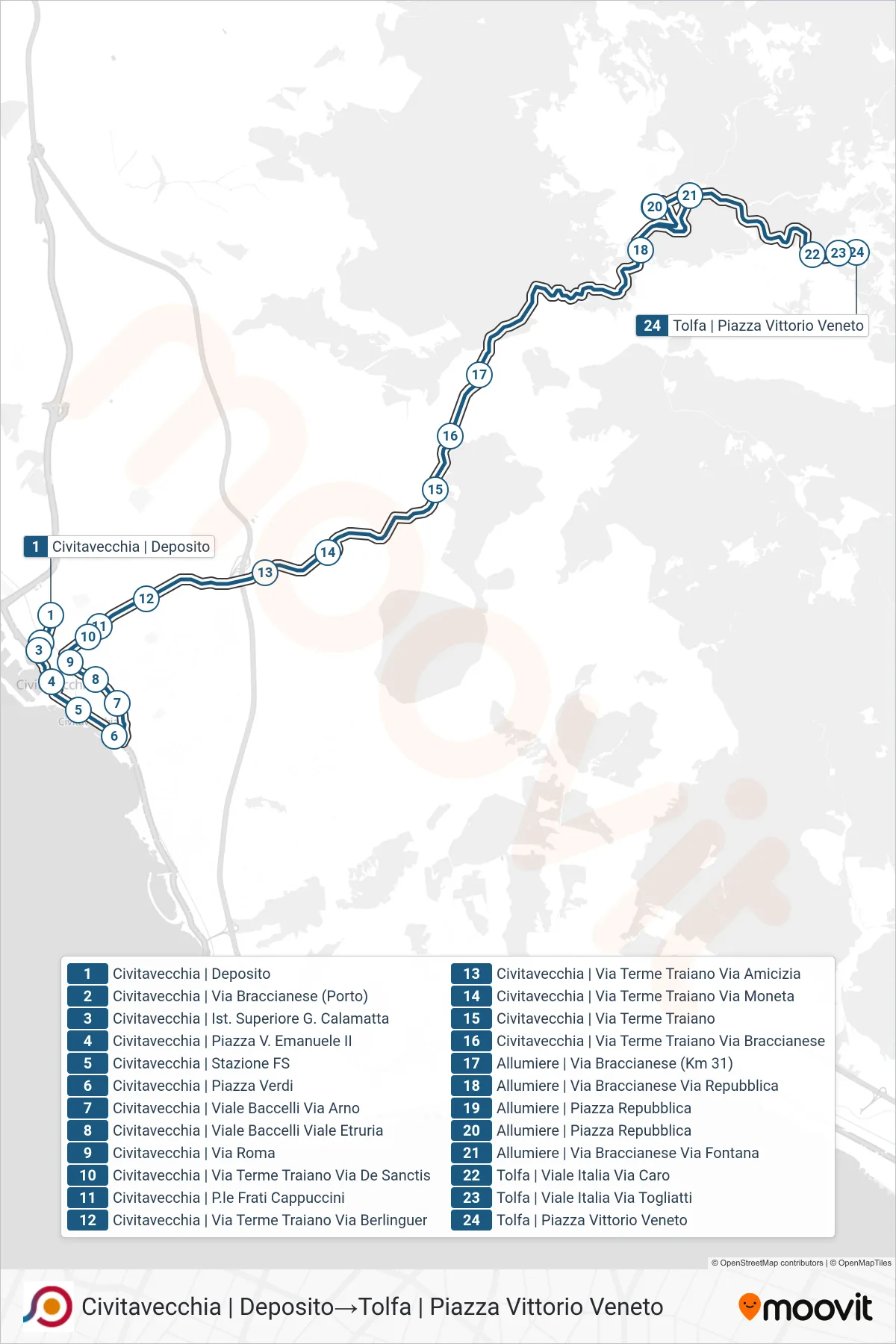 Linea COTRAL bus (Civitavecchia | Deposito→Tolfa | Piazza Vittorio Veneto) - Percorsi e fermate sulla mappa