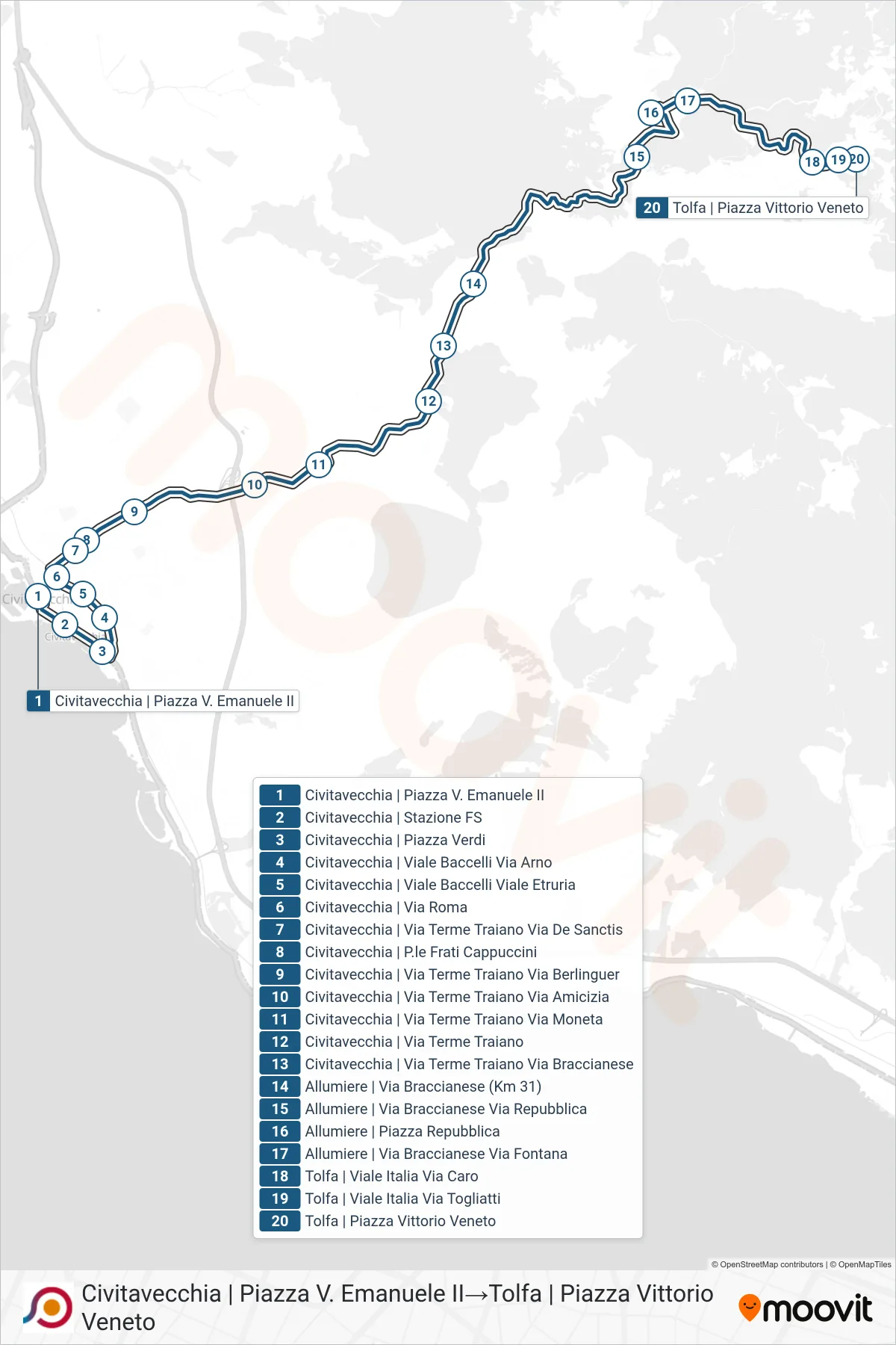 Linea COTRAL bus (Civitavecchia | Piazza V. Emanuele II→Tolfa | Piazza Vittorio Veneto) - Percorsi e fermate sulla mappa