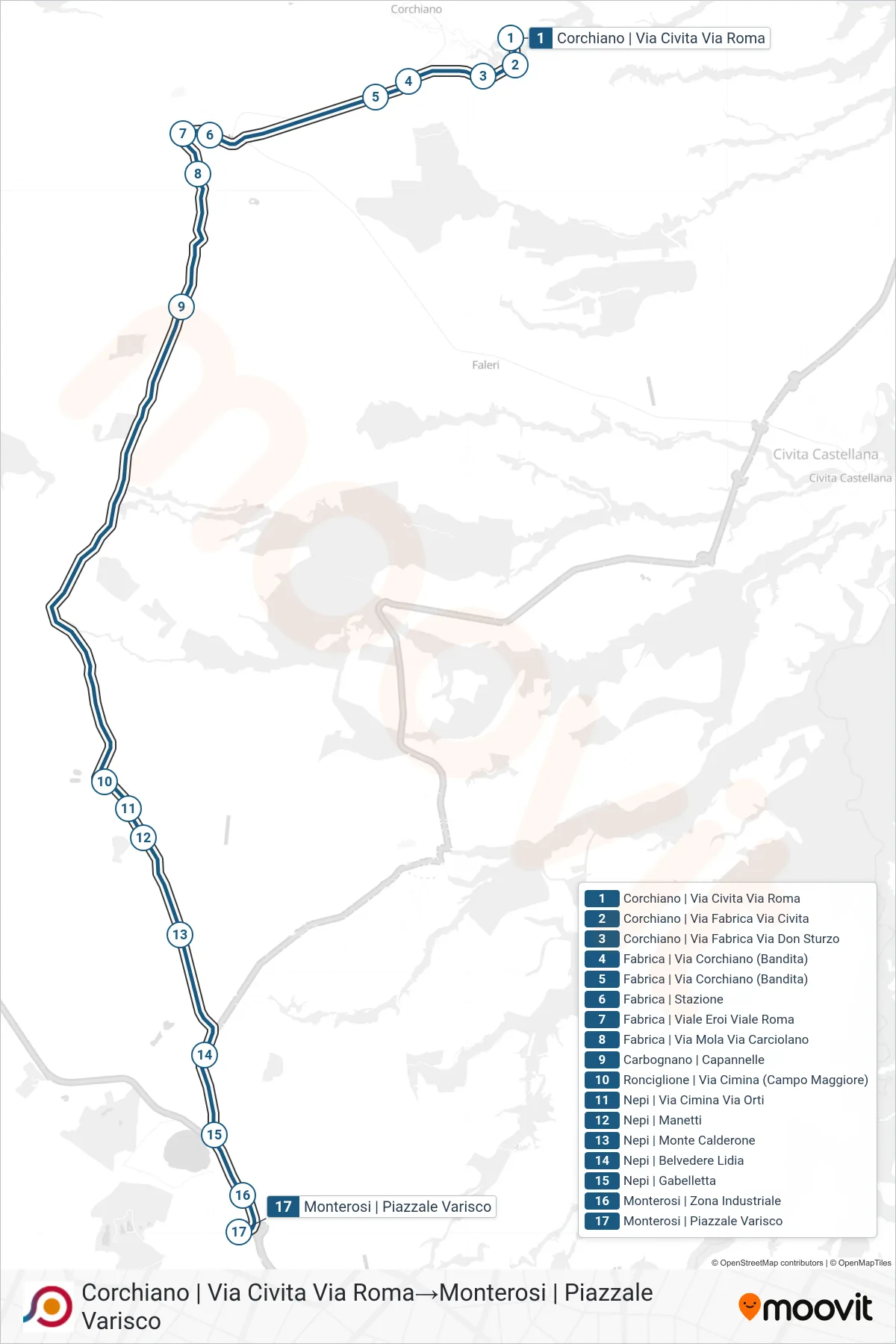 Linea COTRAL bus (Corchiano | Via Civita Via Roma→Monterosi | Piazzale Varisco) - Percorsi e fermate sulla mappa
