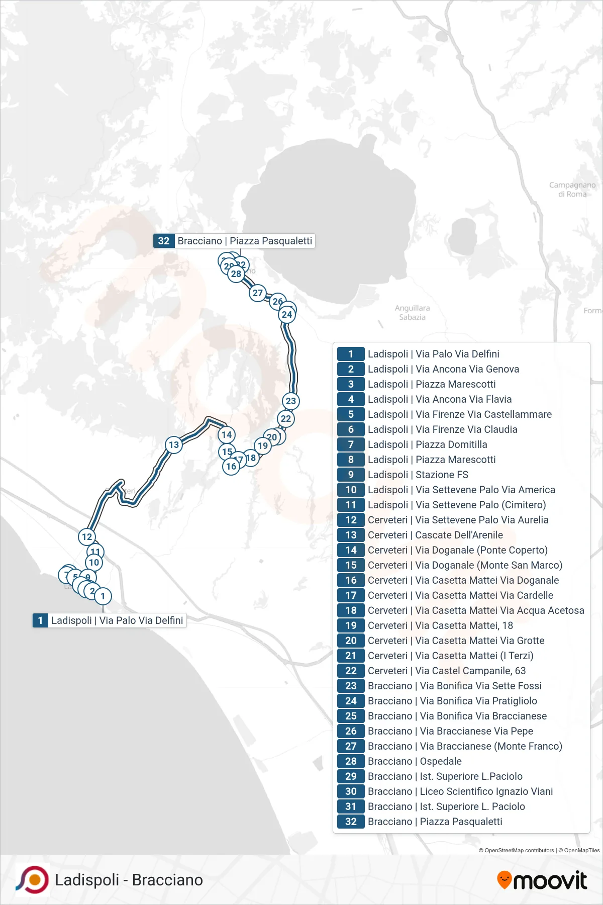 Linea COTRAL bus (Ladispoli | Via Palo Via Delfini→Bracciano | Piazza Pasqualetti) - Percorsi e fermate sulla mappa