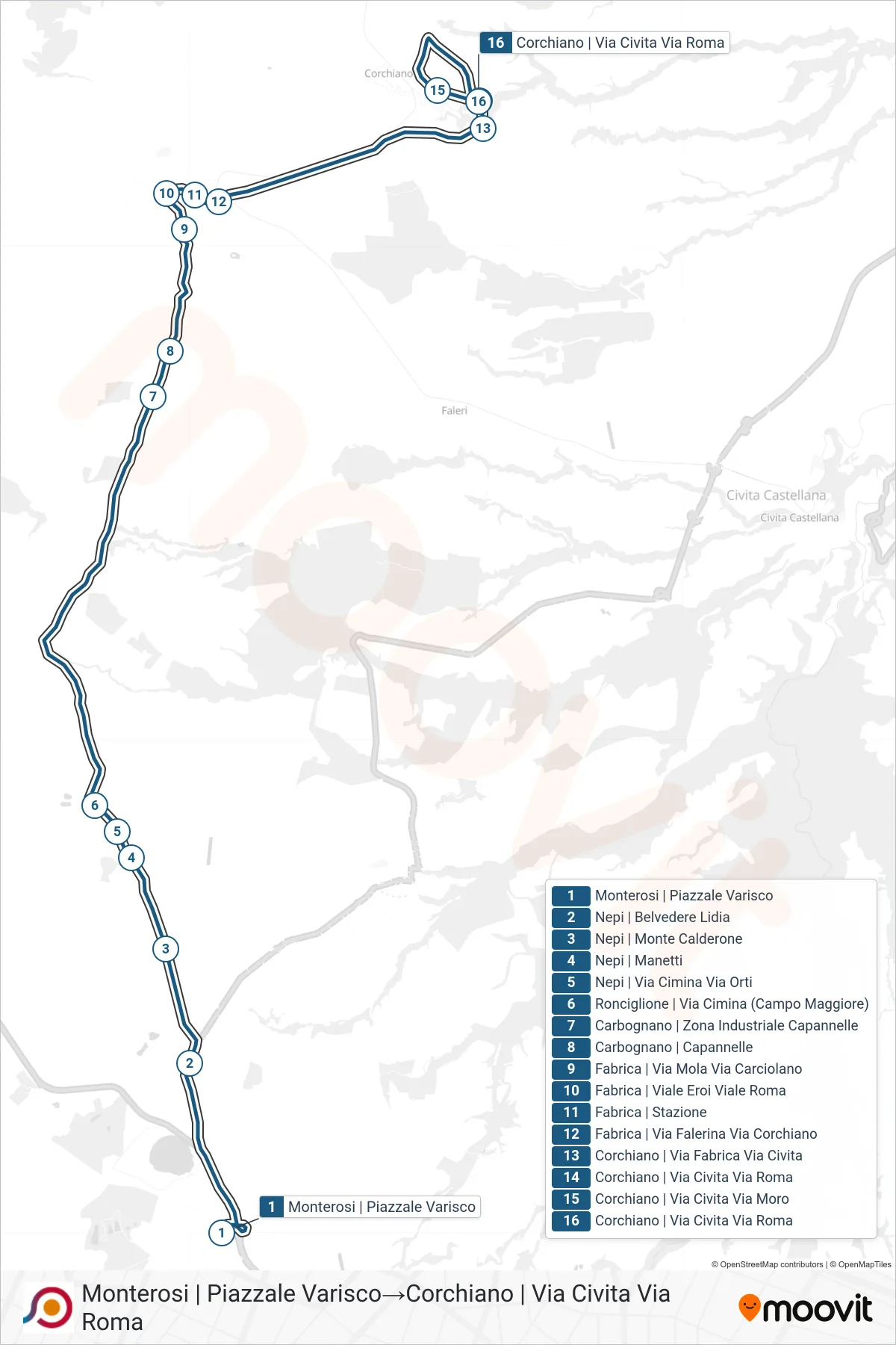Linea COTRAL bus (Monterosi | Piazzale Varisco→Corchiano | Via Civita Via Roma) - Percorsi e fermate sulla mappa