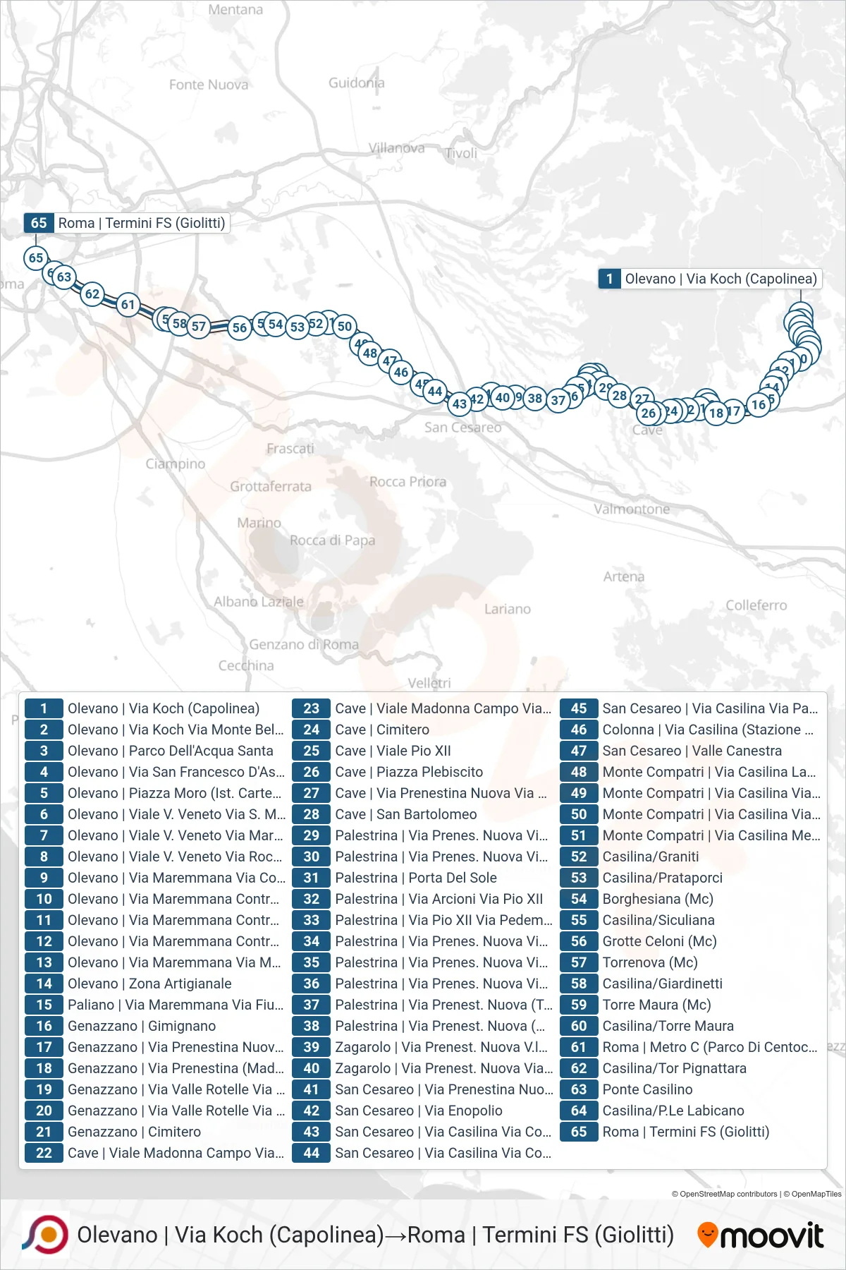 Linea COTRAL bus (Olevano | Via Koch (Capolinea)→Roma | Termini FS (Giolitti)) - Percorsi e fermate sulla mappa