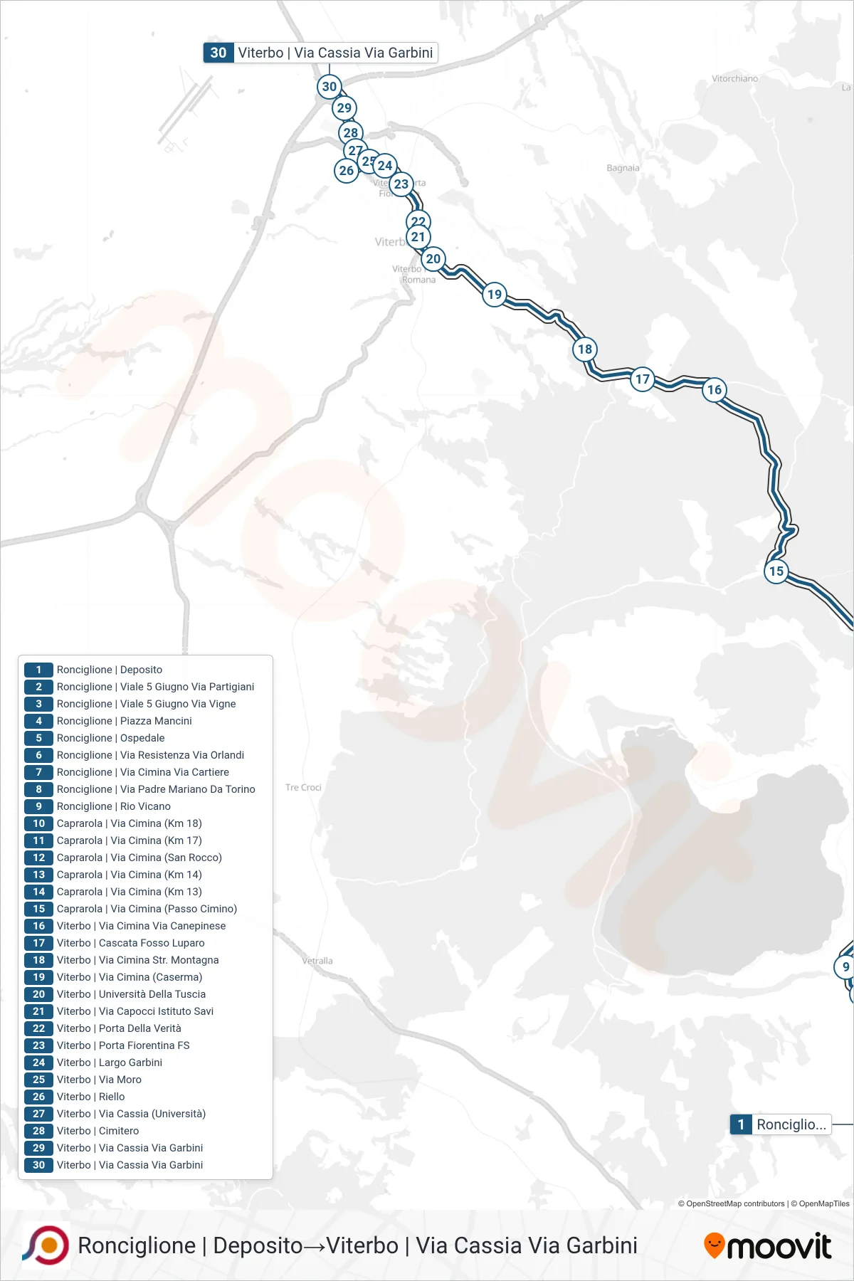 Linea COTRAL bus (Ronciglione | Deposito→Viterbo | Via Cassia Via Garbini) - Percorsi e fermate sulla mappa