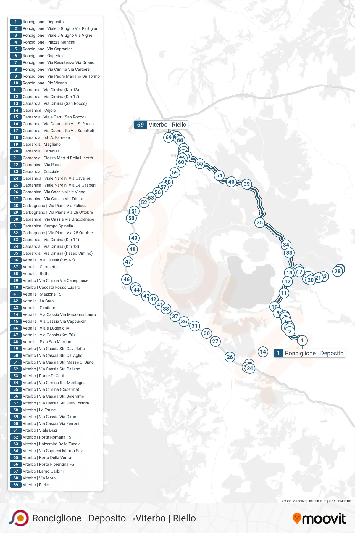 Linea COTRAL bus (Ronciglione | Deposito→Viterbo | Riello) - Percorsi e fermate sulla mappa