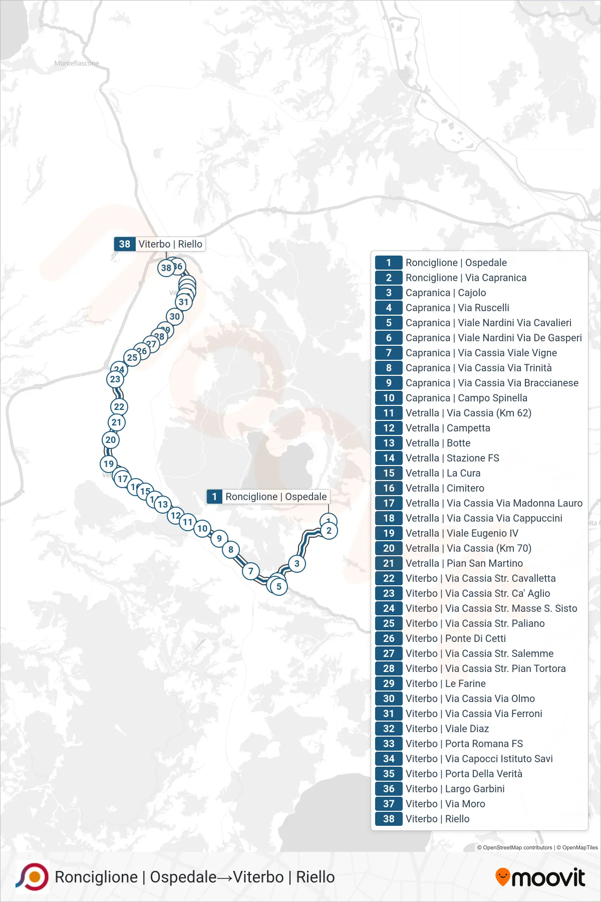 Linea COTRAL bus (Ronciglione | Ospedale→Viterbo | Riello) - Percorsi e fermate sulla mappa