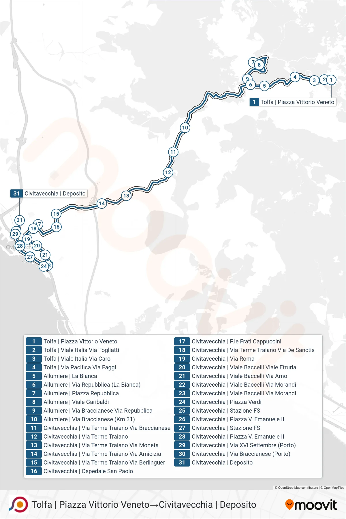 Linea COTRAL bus (Tolfa | Piazza Vittorio Veneto→Civitavecchia | Deposito) - Percorsi e fermate sulla mappa