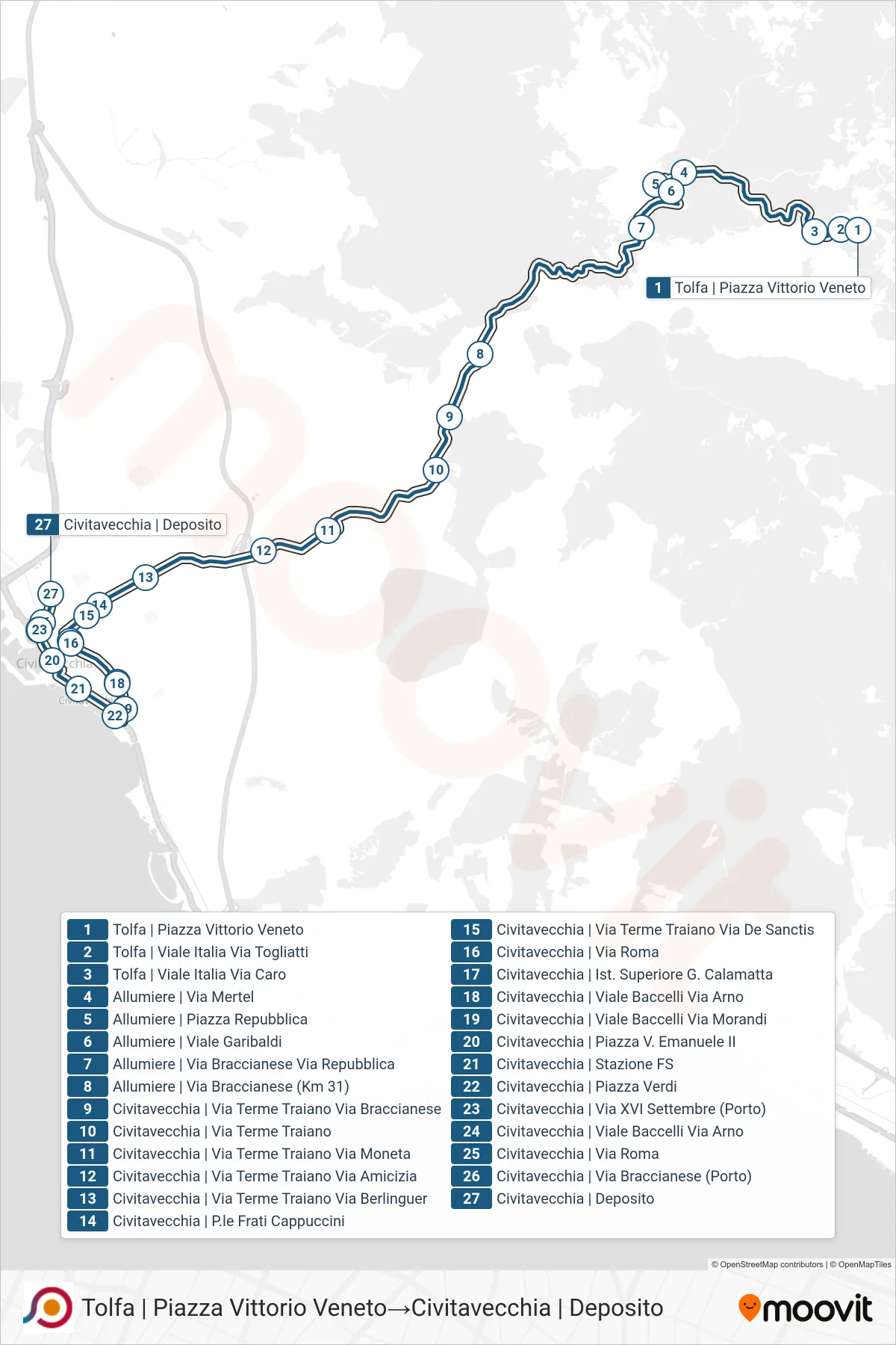 Linea COTRAL bus (Tolfa | Piazza Vittorio Veneto→Civitavecchia | Deposito) - Percorsi e fermate sulla mappa